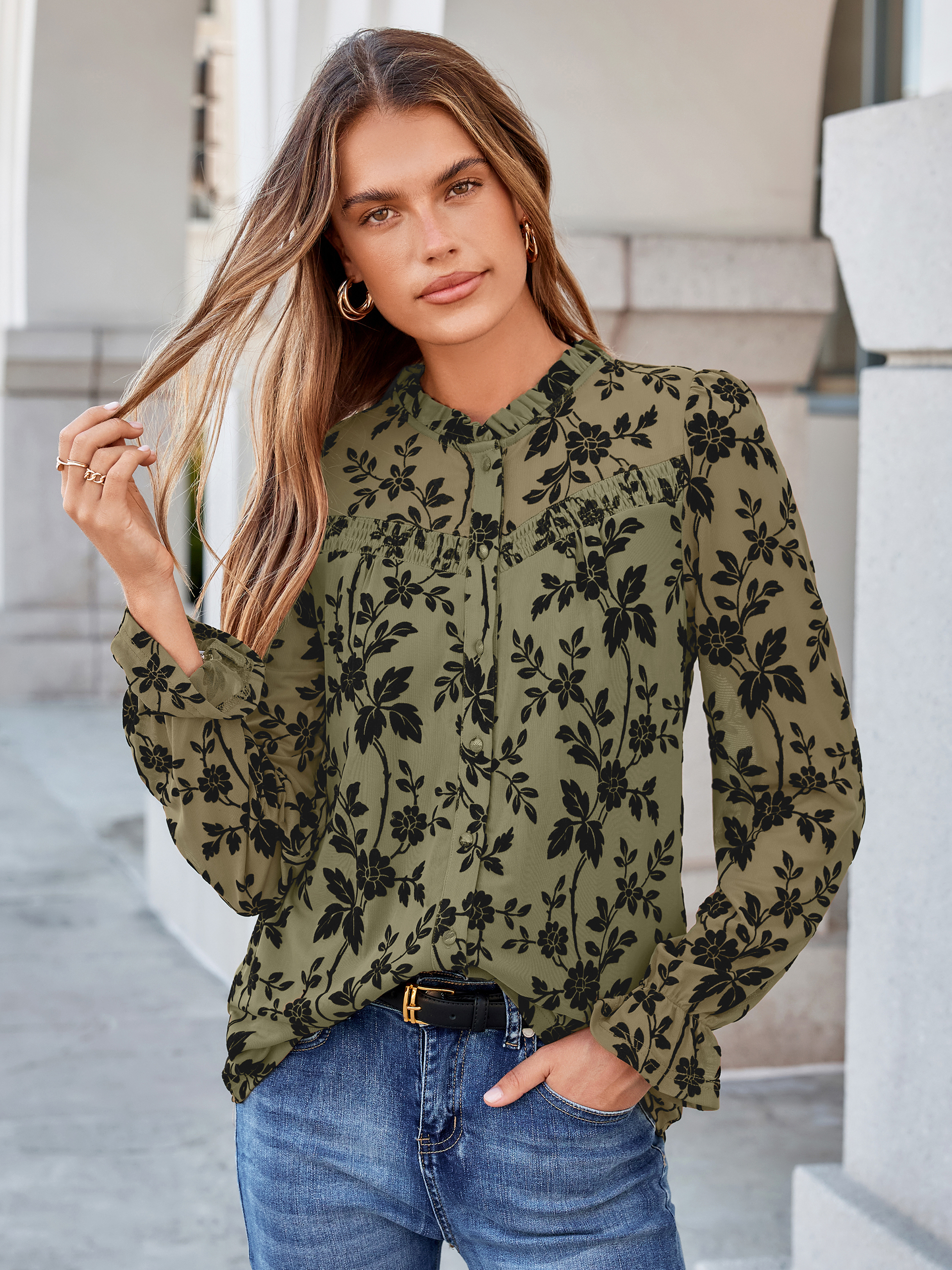 Flocked Floral Ruffled Mesh Long Sleeve Blouse