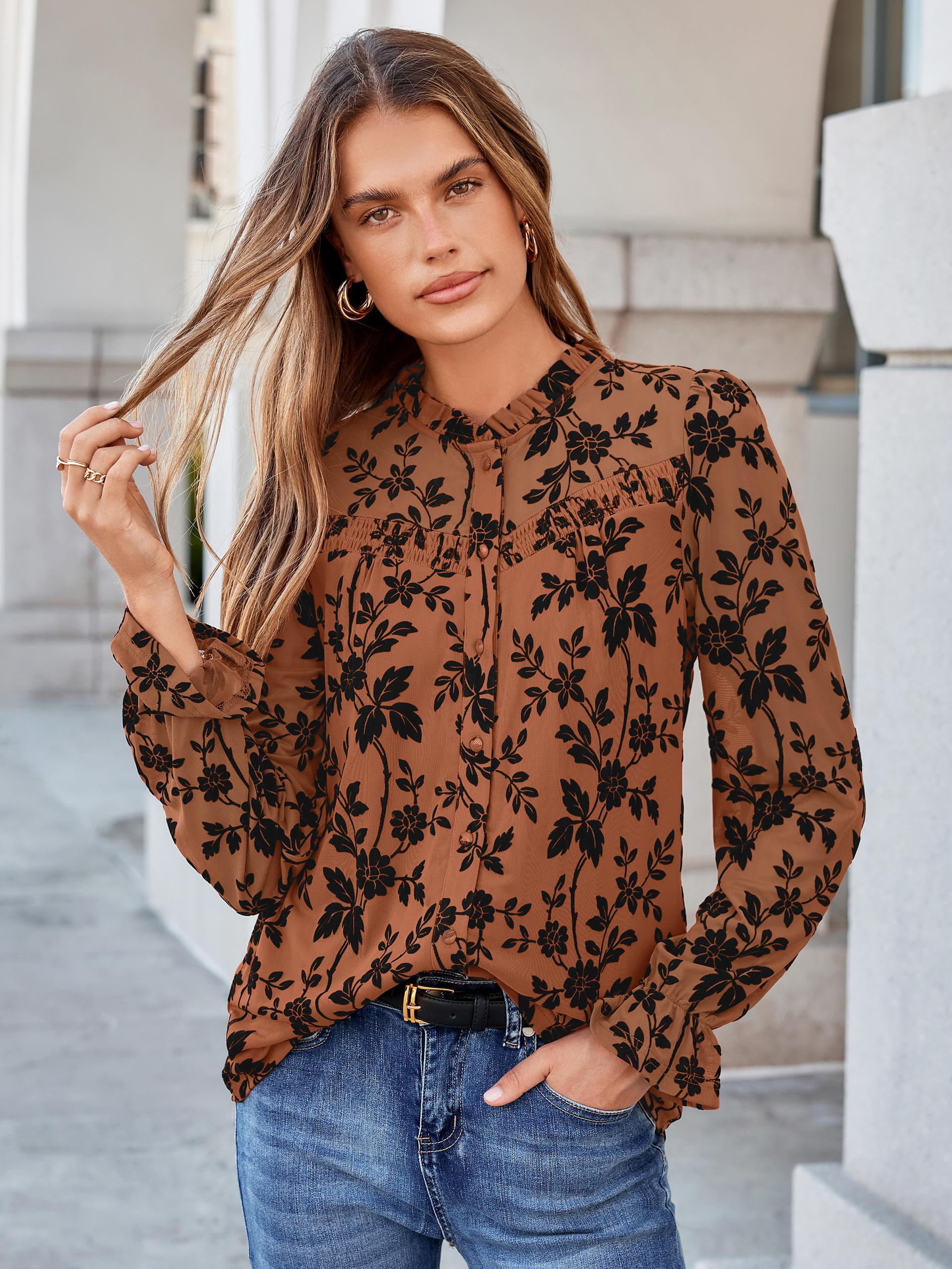 Flocked Floral Ruffled Mesh Long Sleeve Blouse