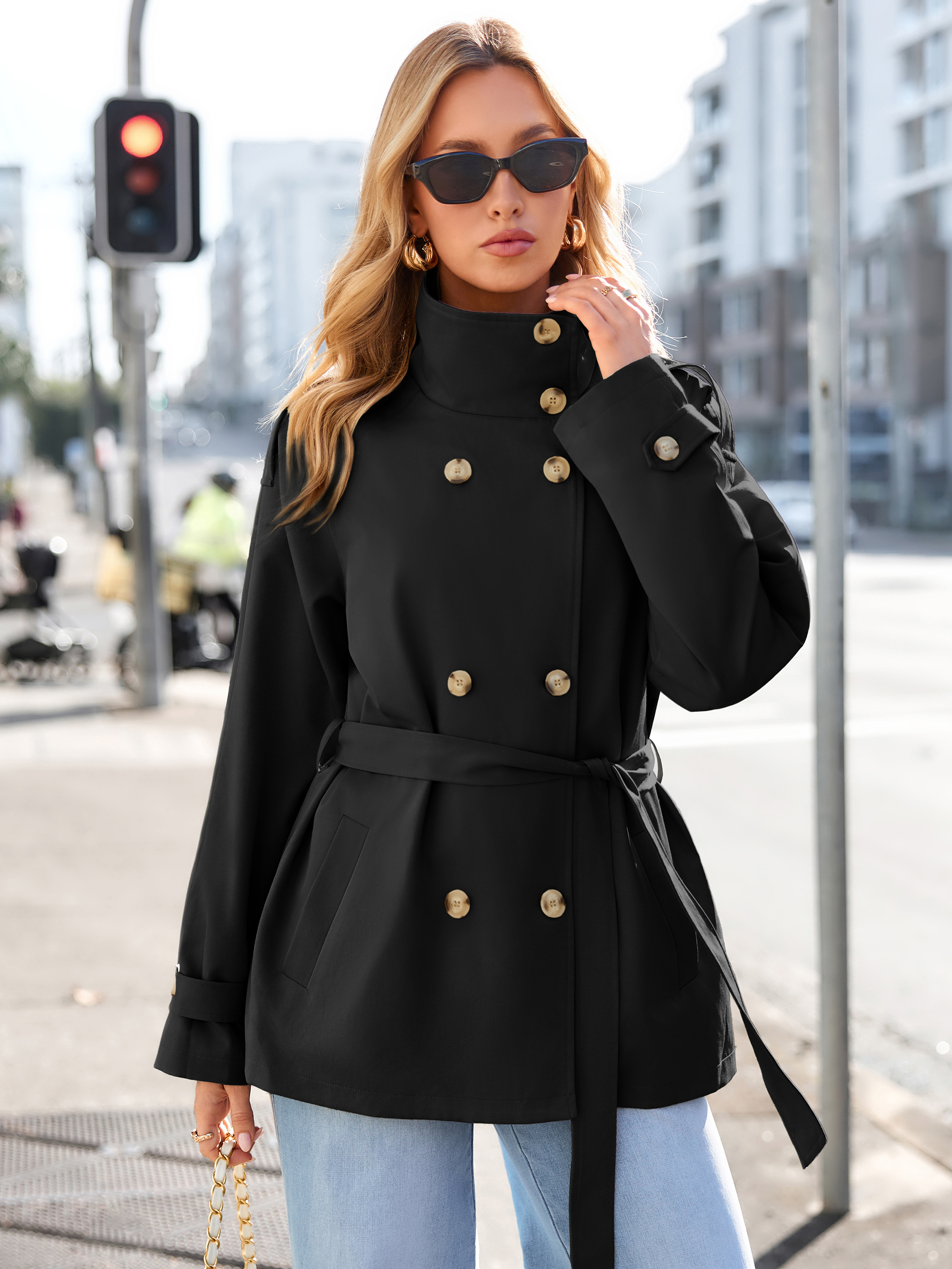 Stand Collar Double-Breasted Trench Coat - Black