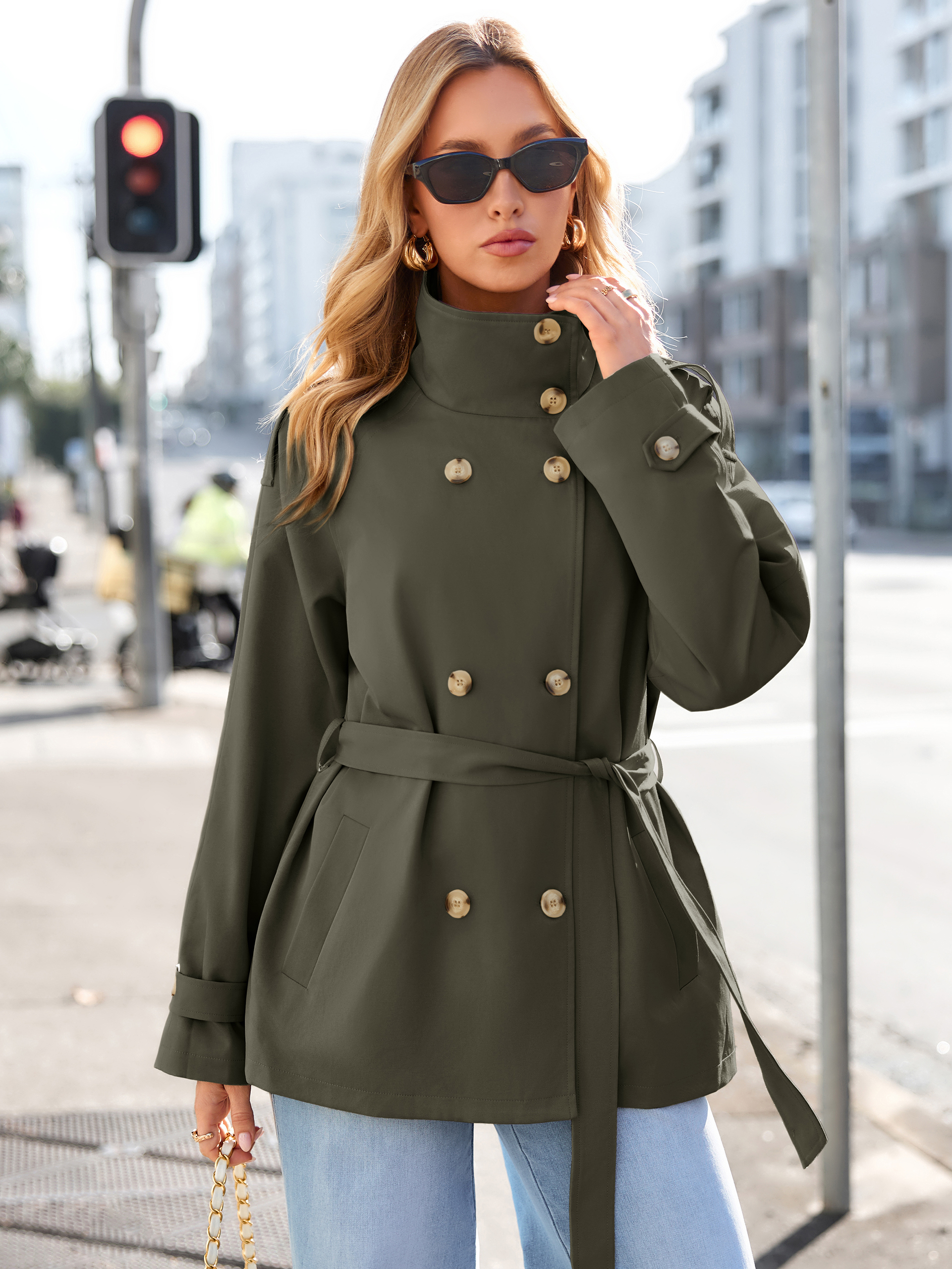 Stand Collar Double-Breasted Trench Coat - Dark Green