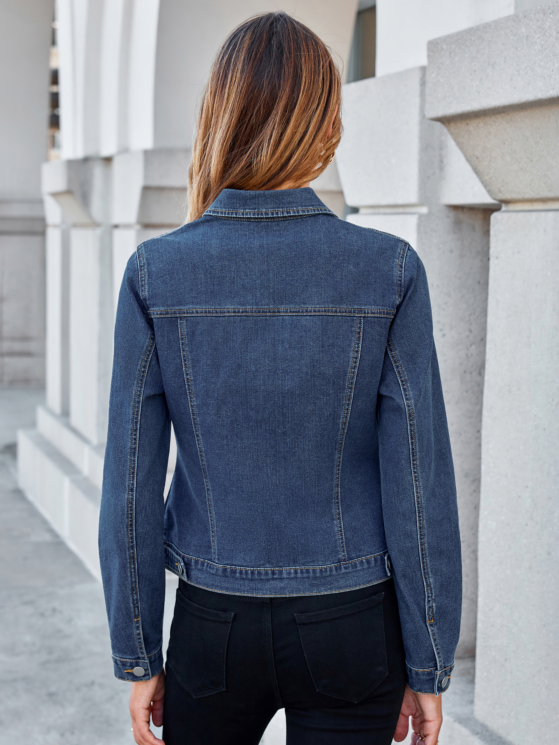 Cropped Button Down Stretch Fitted Denim Jacket