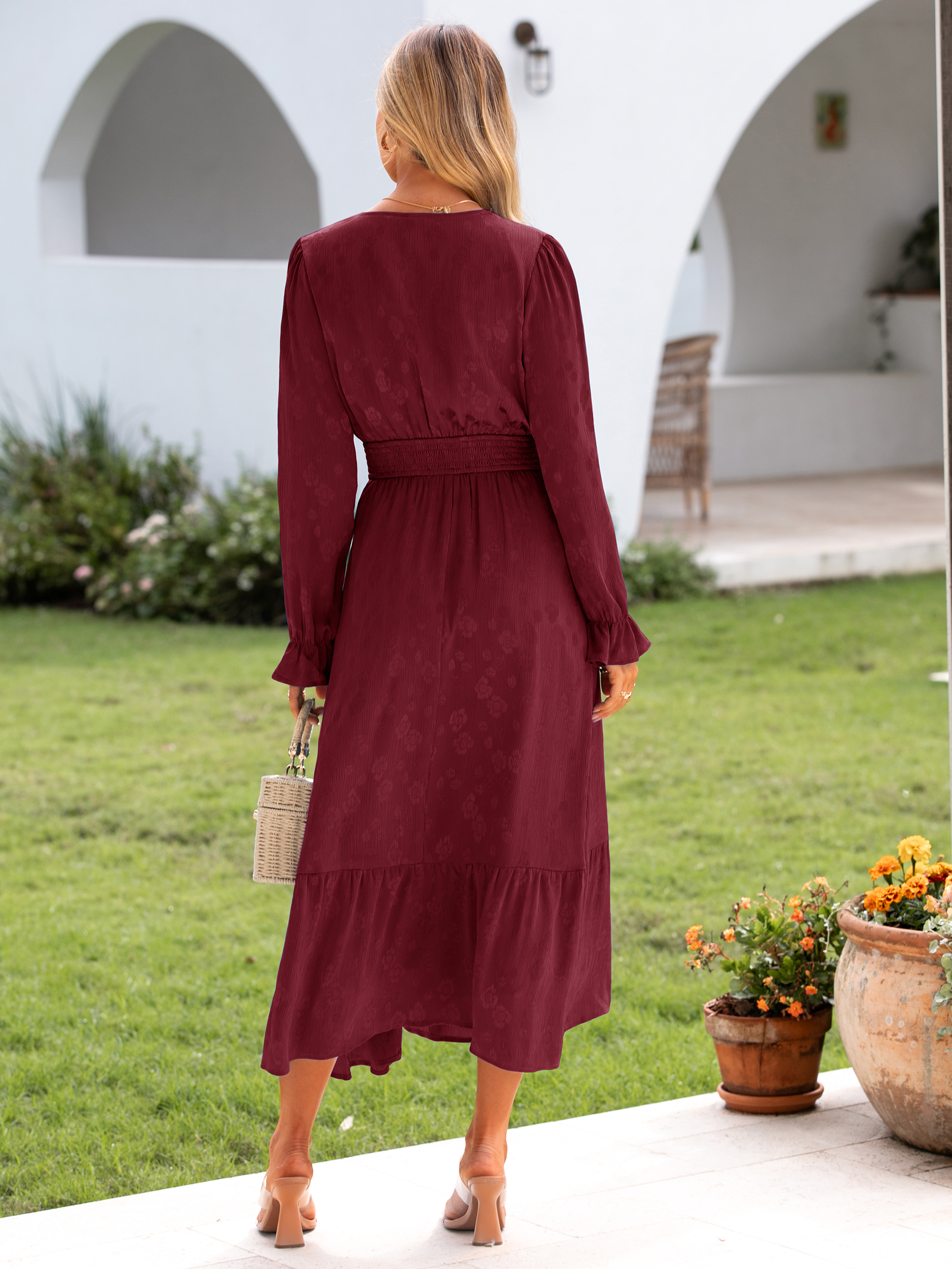V Neck Empire Waist Long Sleeve Maxi Dress - Burgundy