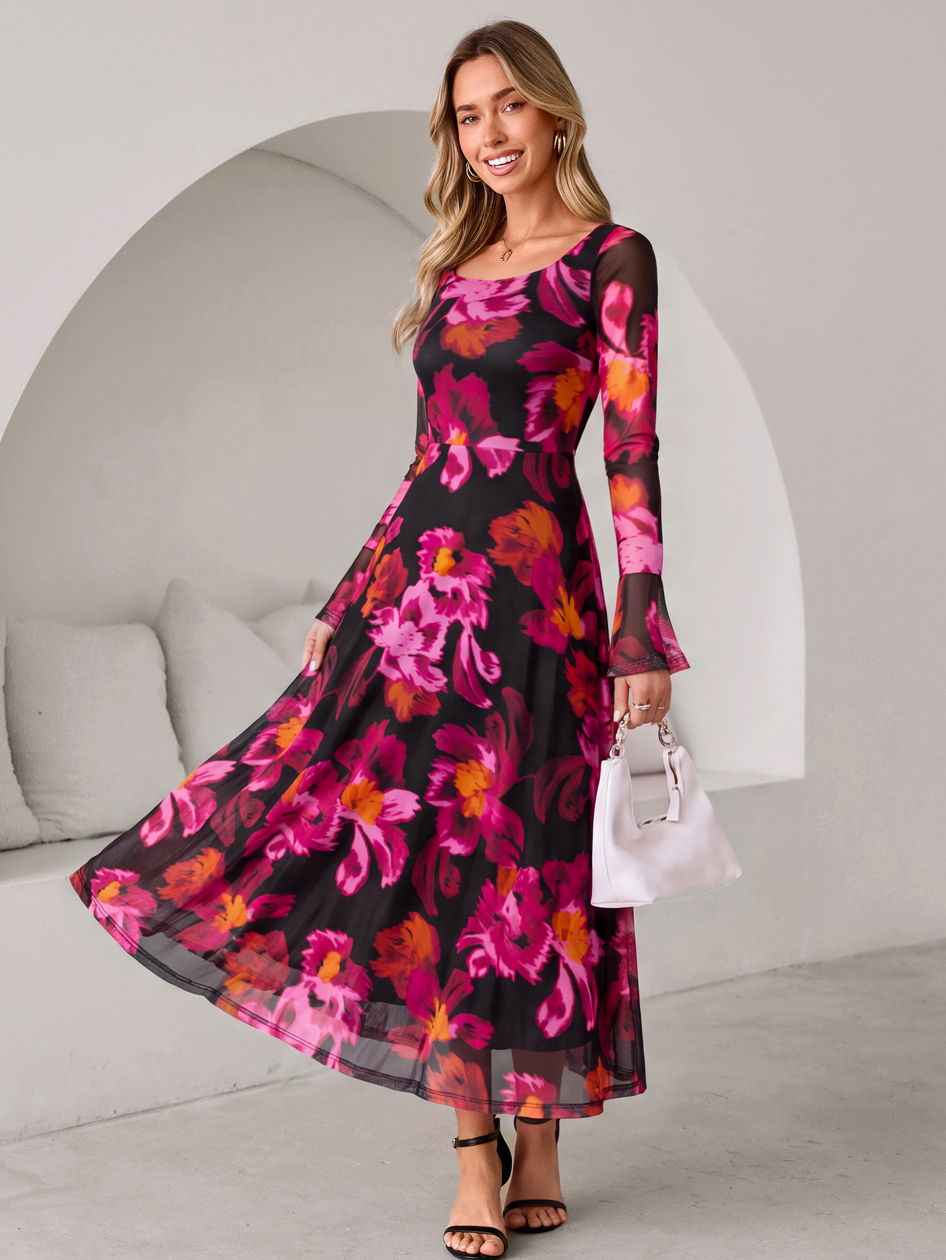 Square Neck Floral Mesh Bell Sleeve Maxi Dress