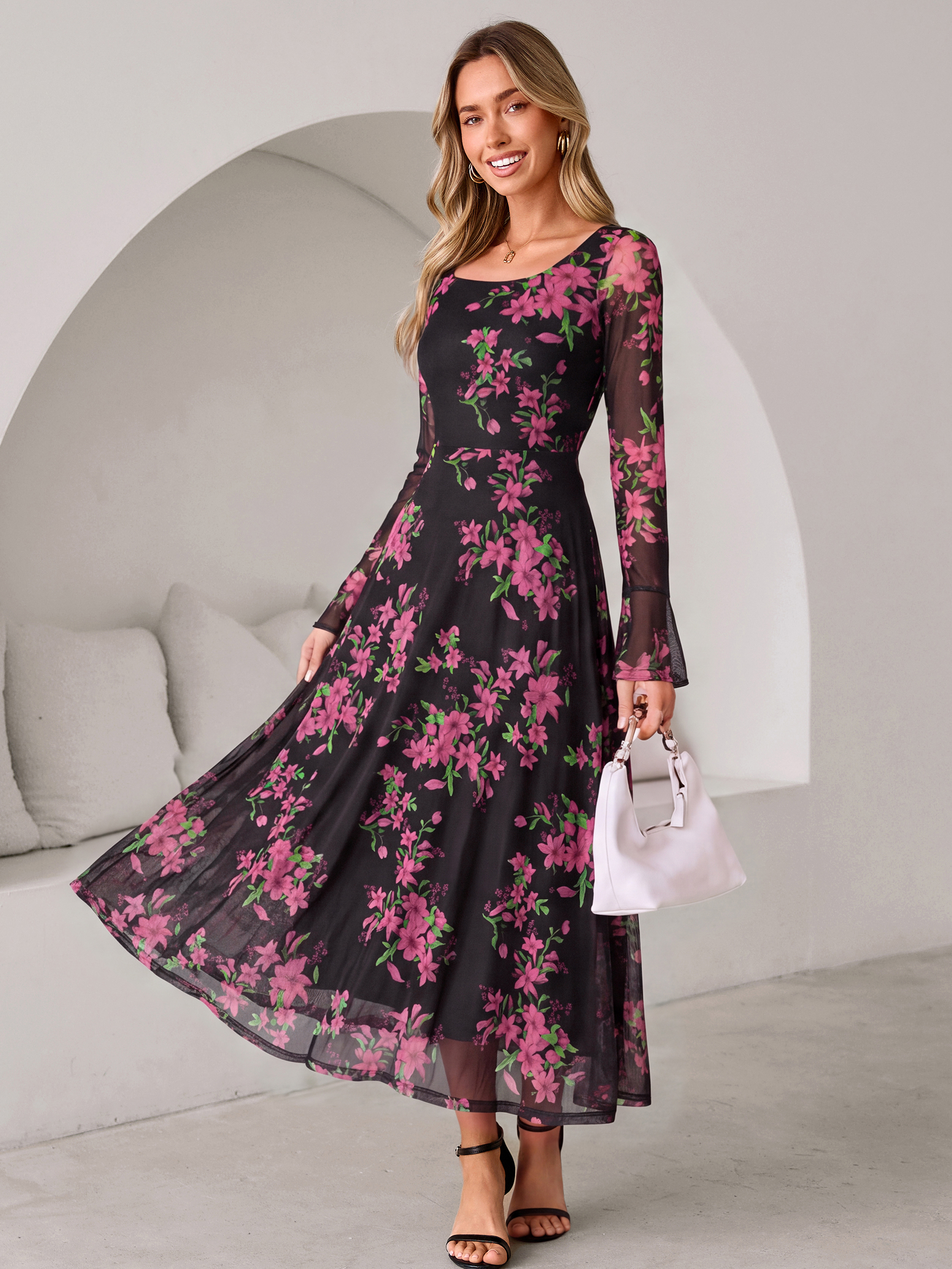 Square Neck Floral Mesh Bell Sleeve Maxi Dress