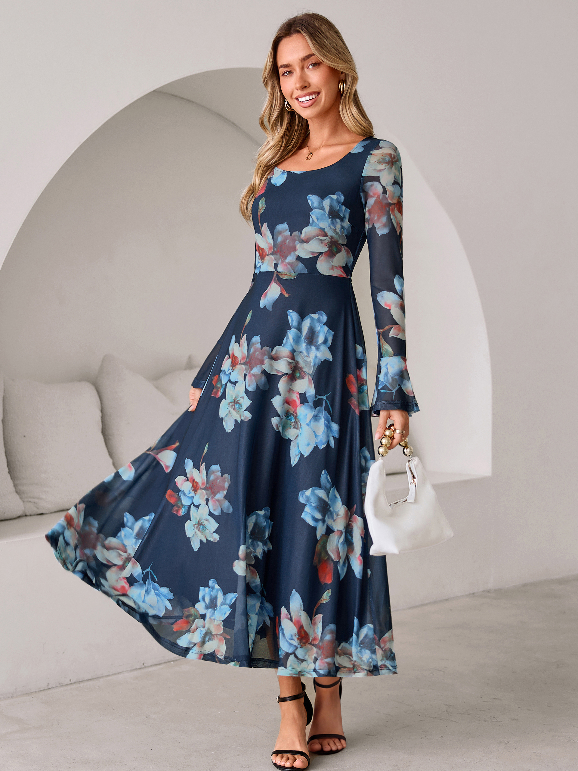 Square Neck Floral Mesh Bell Sleeve Maxi Dress