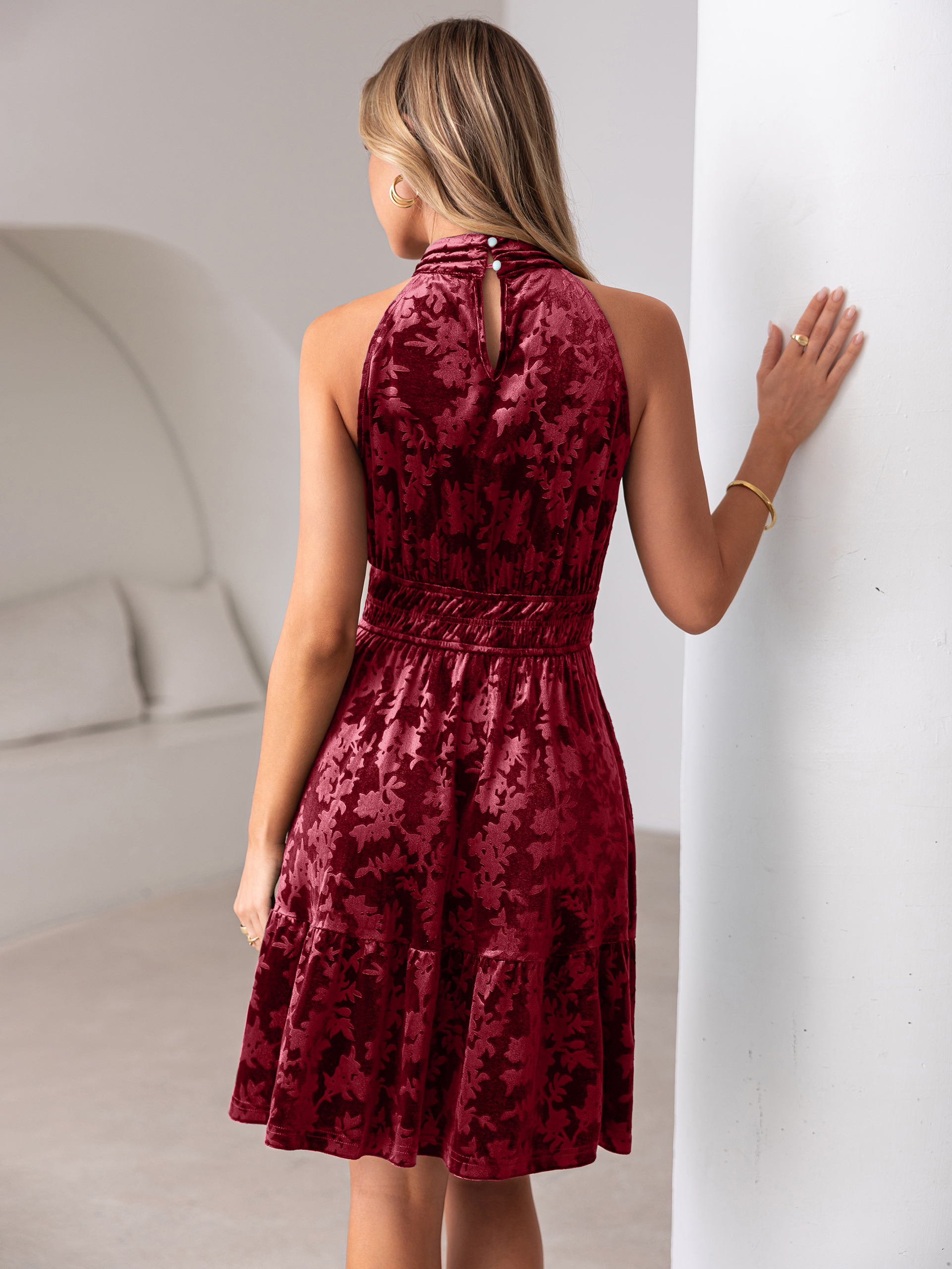 Burnout Velvet Halter Neck A-Line Mini Dress