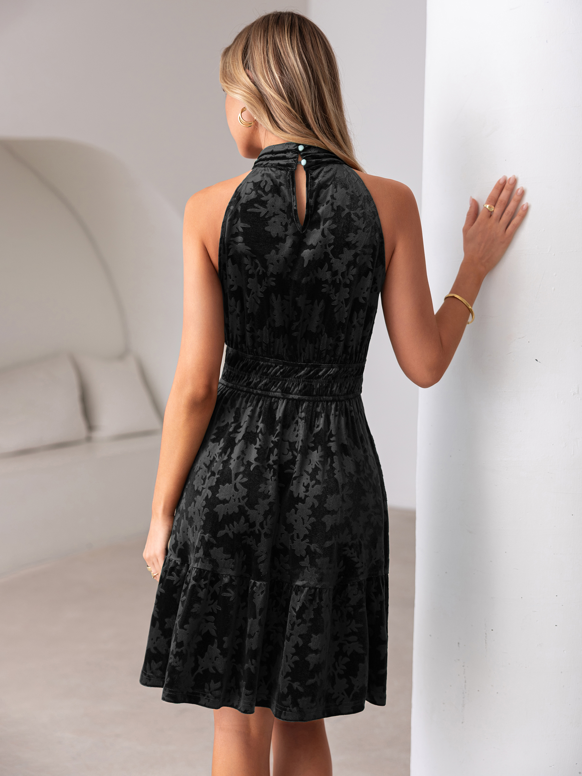 Burnout Velvet Halter Neck A-Line Mini Dress