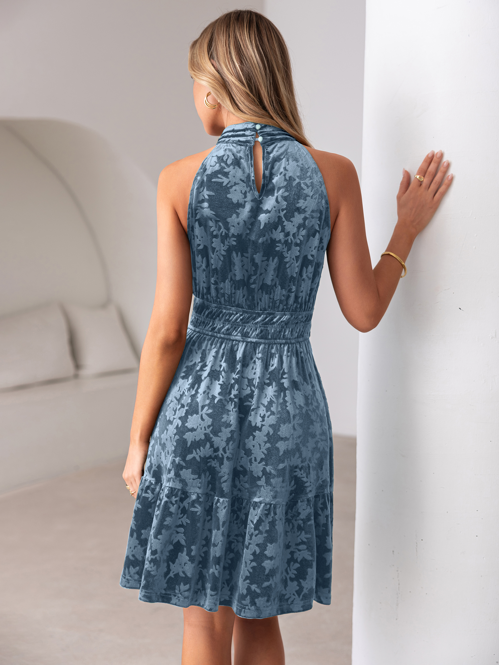 Burnout Velvet Halter Neck A-Line Mini Dress