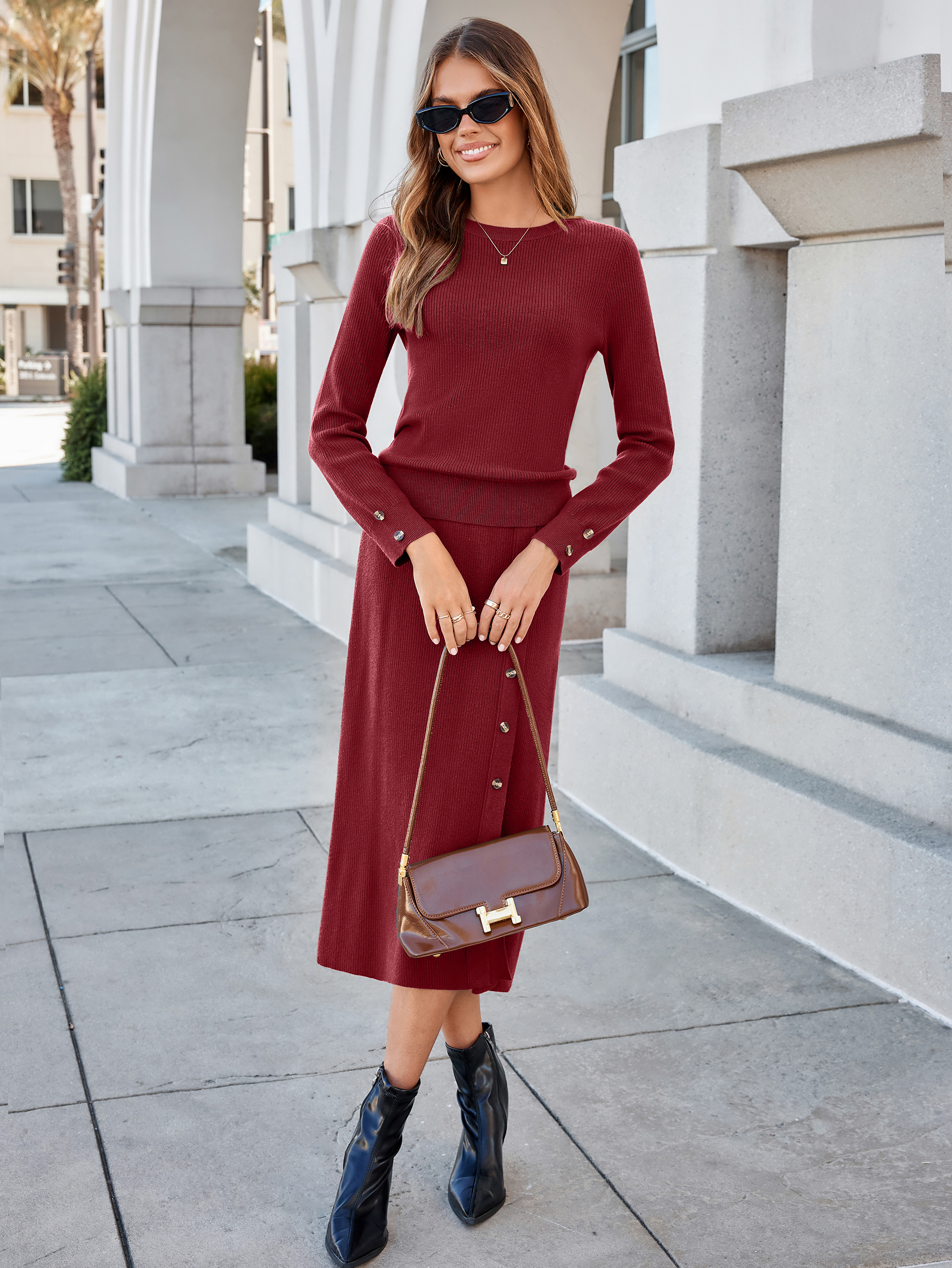Crewneck Ribbed Knit Long Sleeve Midi Skirt Set