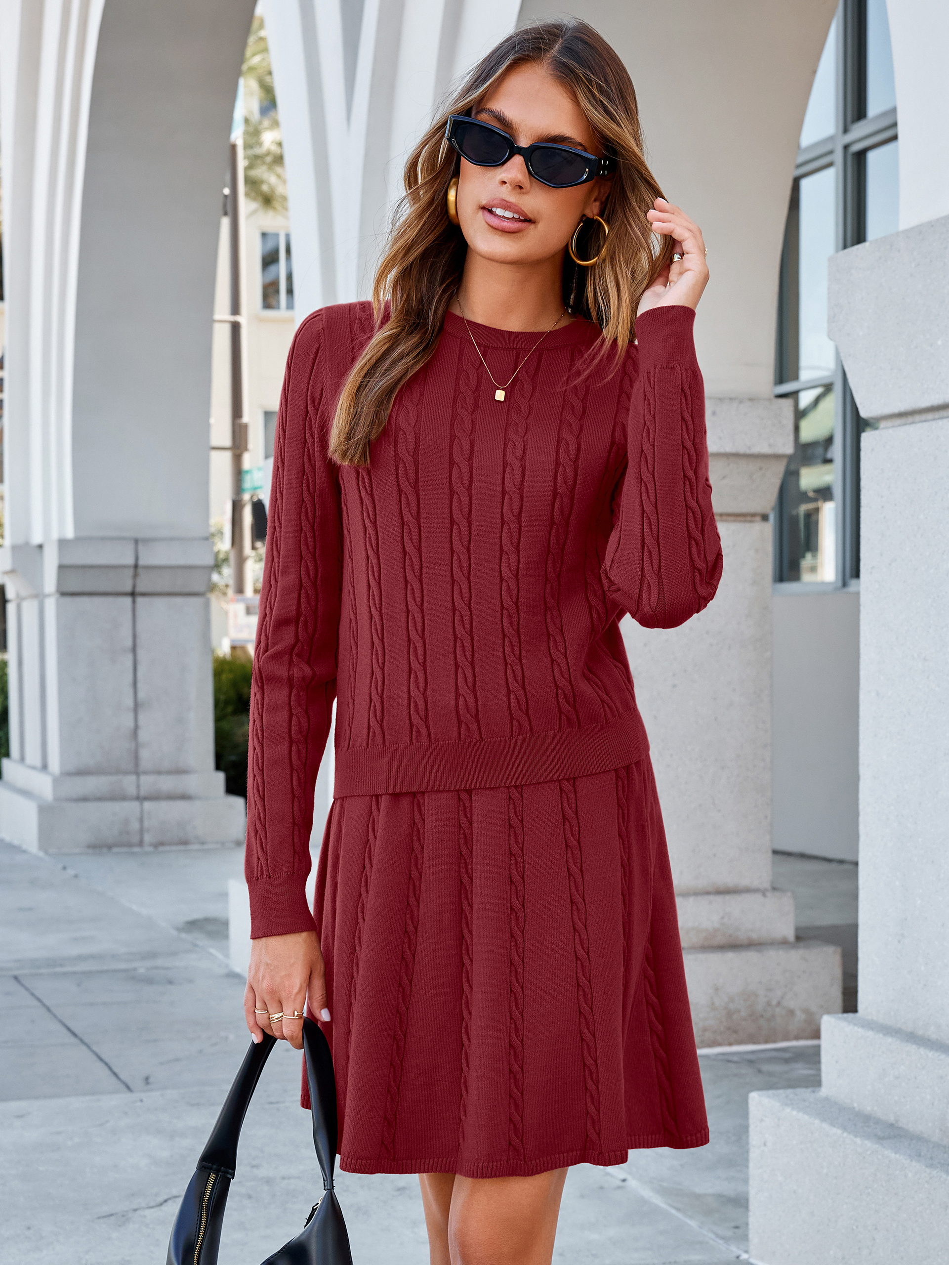 Cable Knit Long Sleeve Sweater Pleated Mini Skirt Set - Burgundy