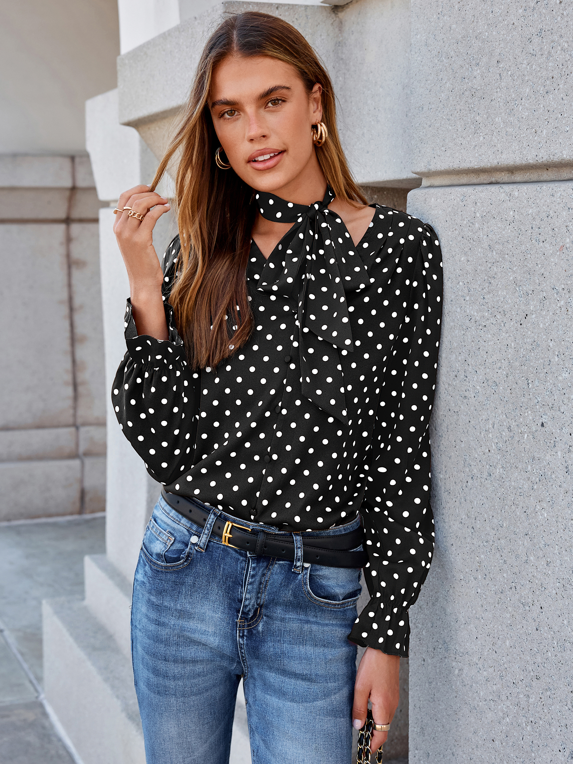 Polka Dot Tie-Neck Long Sleeve Satin Blouse