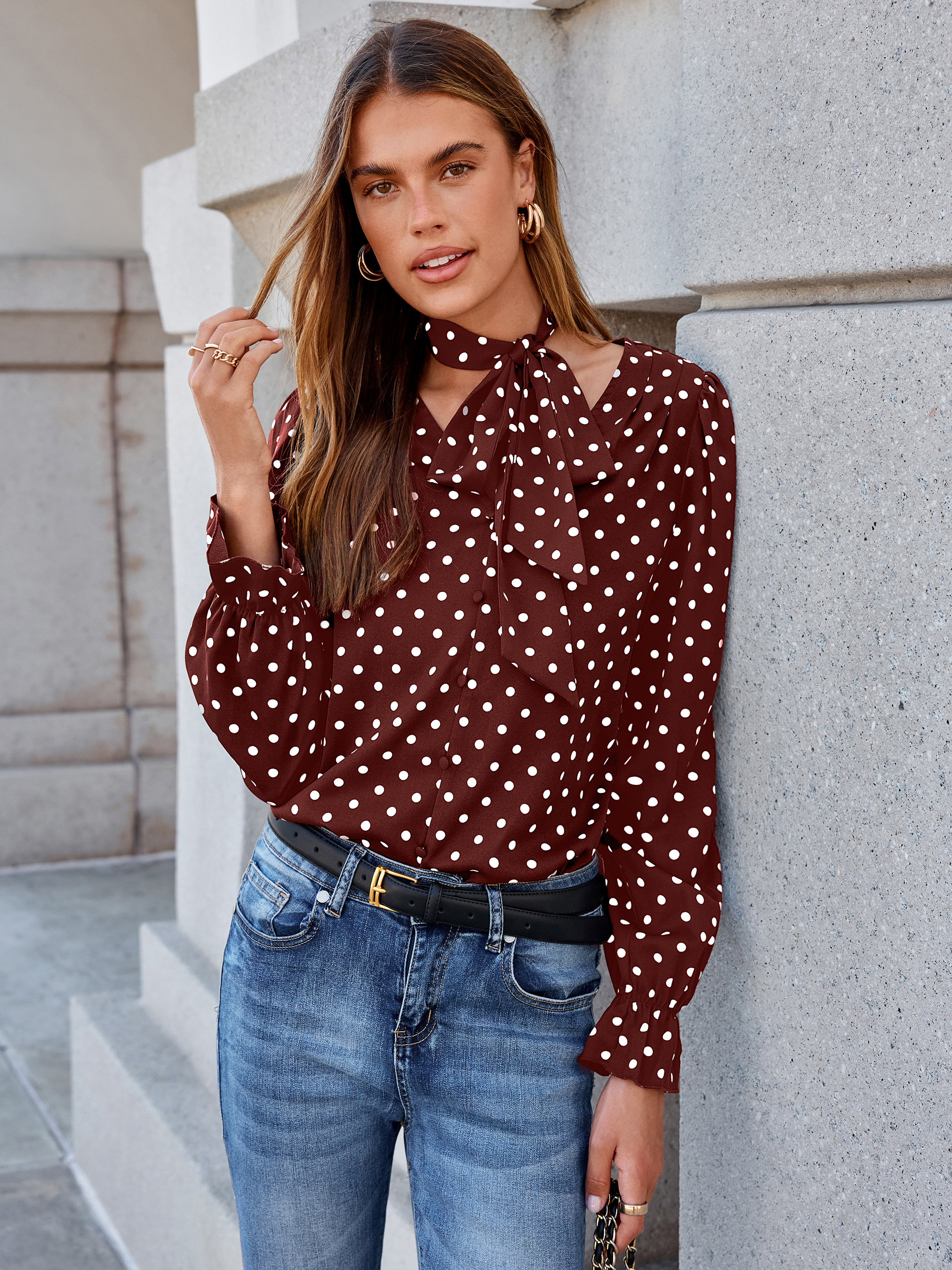 Polka Dot Tie-Neck Long Sleeve Satin Blouse
