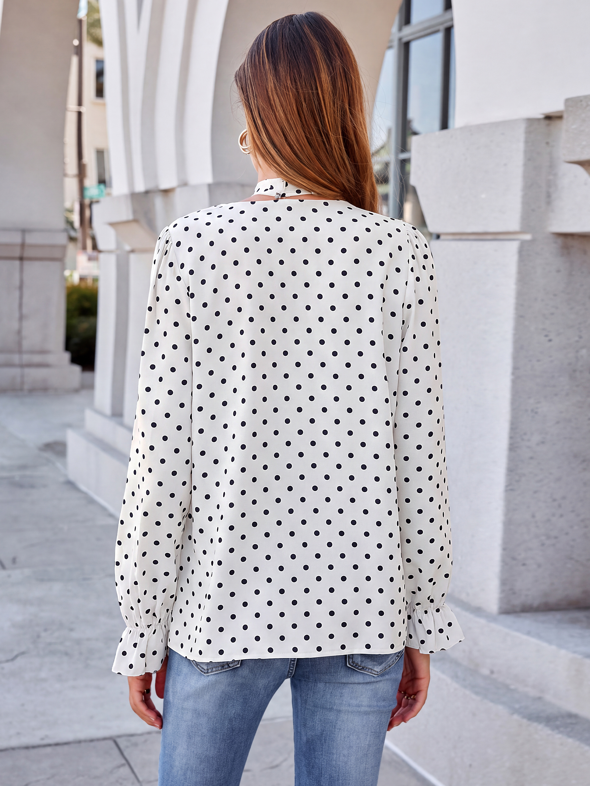 Polka Dot Tie-Neck Long Sleeve Satin Blouse
