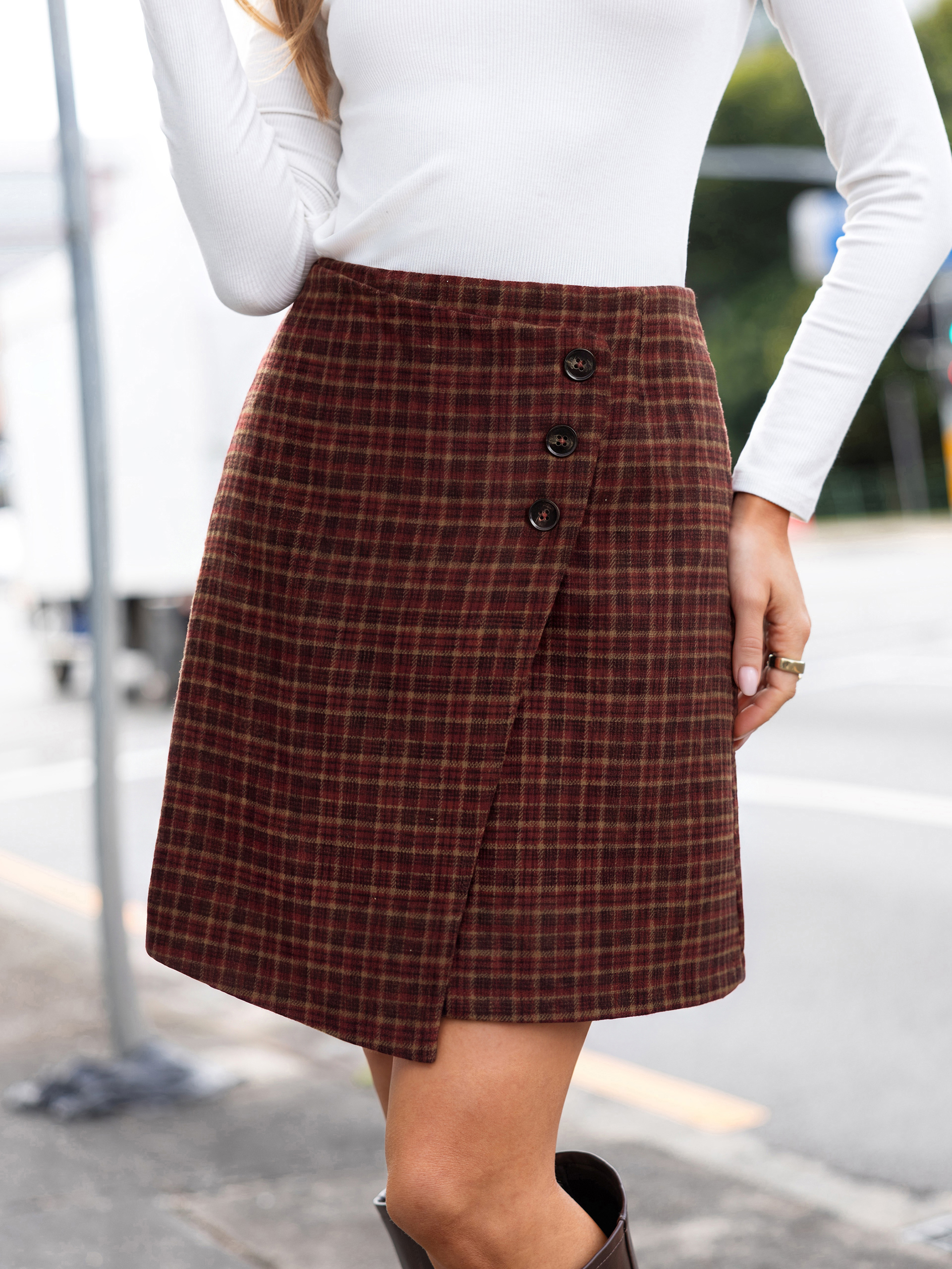 High Waisted Plaid A-Line Mini Skirt - Burgundy Plaid