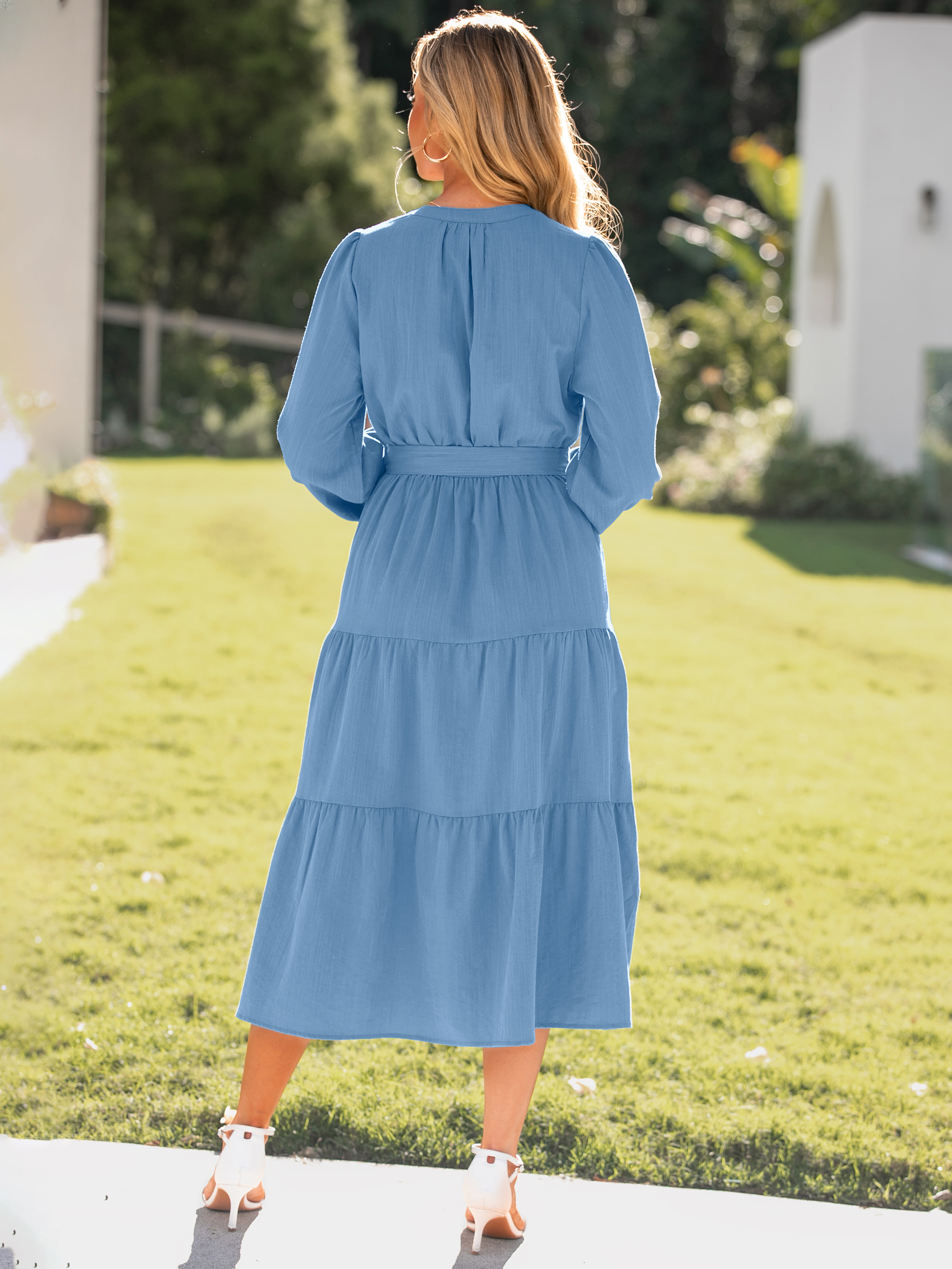 Button Down Tie Waist Long Sleeve Maxi Dress