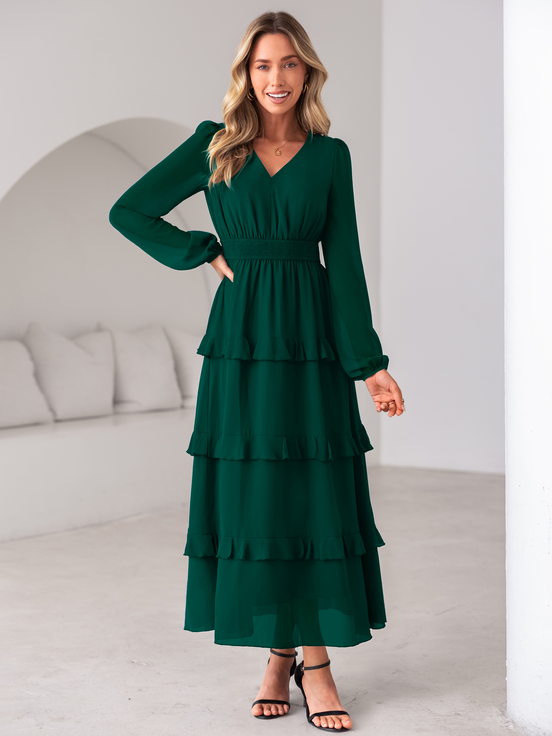 V-Neck Smocked Waist Tiered Ruffle Chiffon Maxi Dress