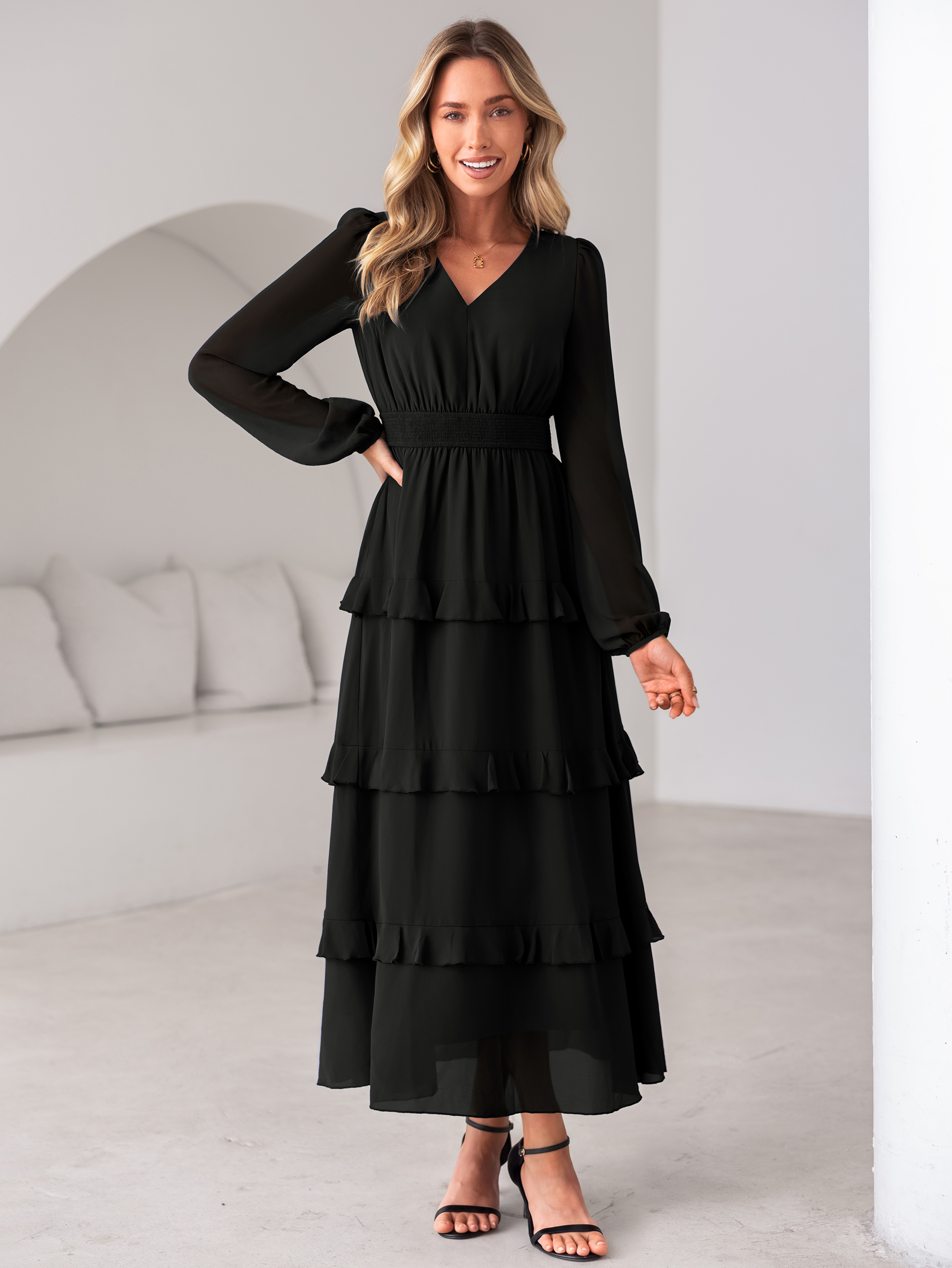 V-Neck Smocked Waist Tiered Ruffle Chiffon Maxi Dress