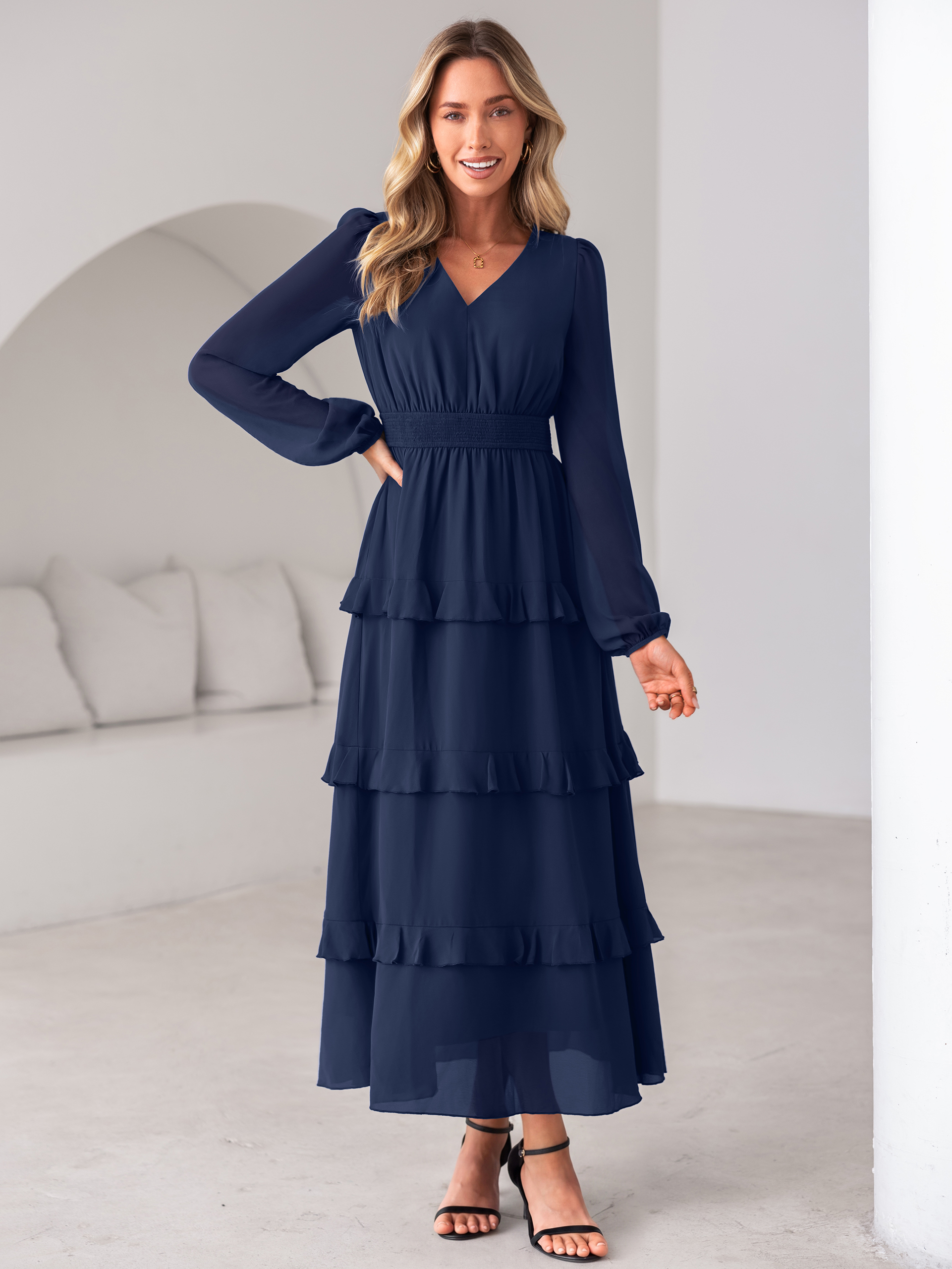 V-Neck Smocked Waist Tiered Ruffle Chiffon Maxi Dress