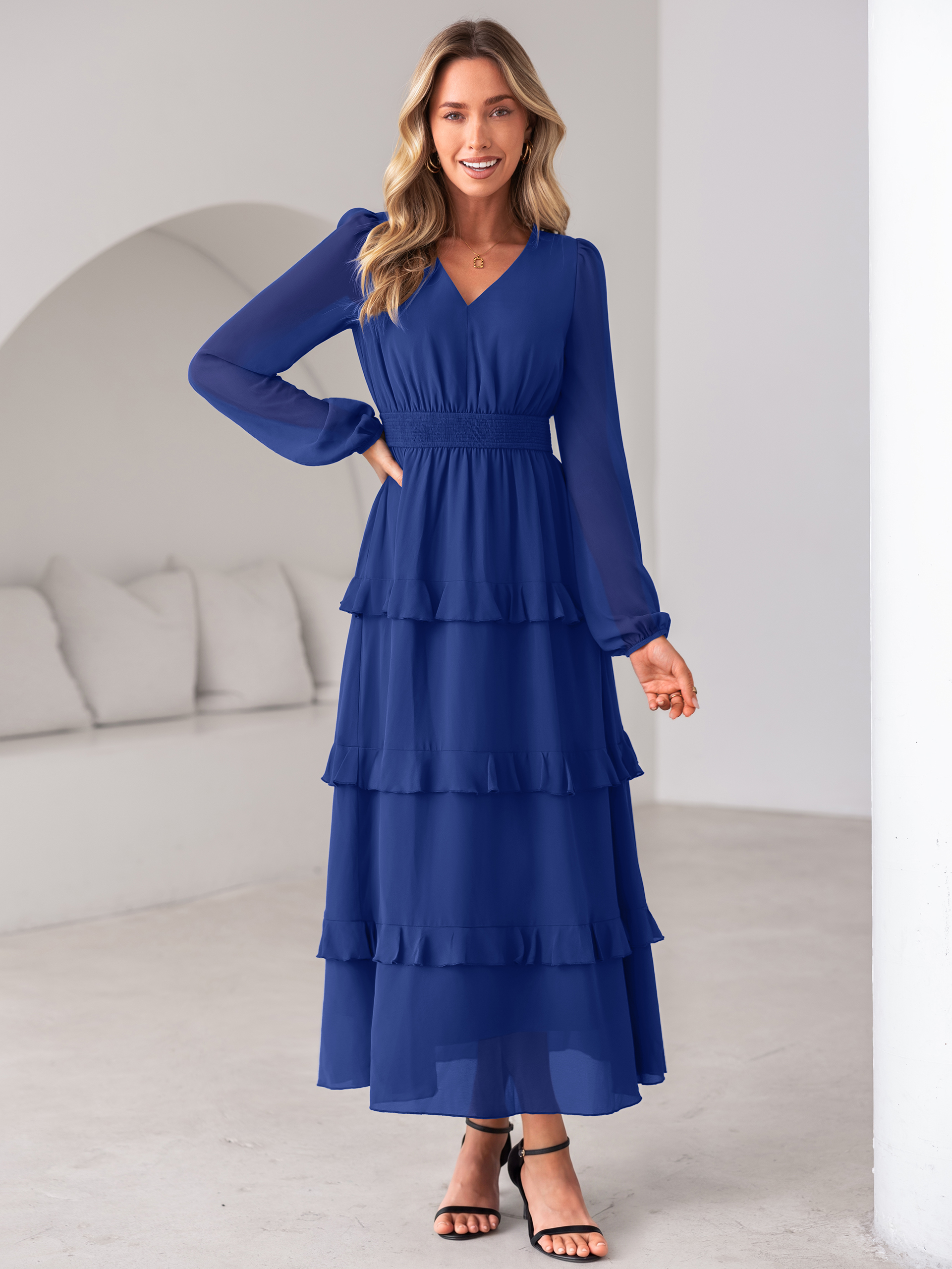 V-Neck Smocked Waist Tiered Ruffle Chiffon Maxi Dress