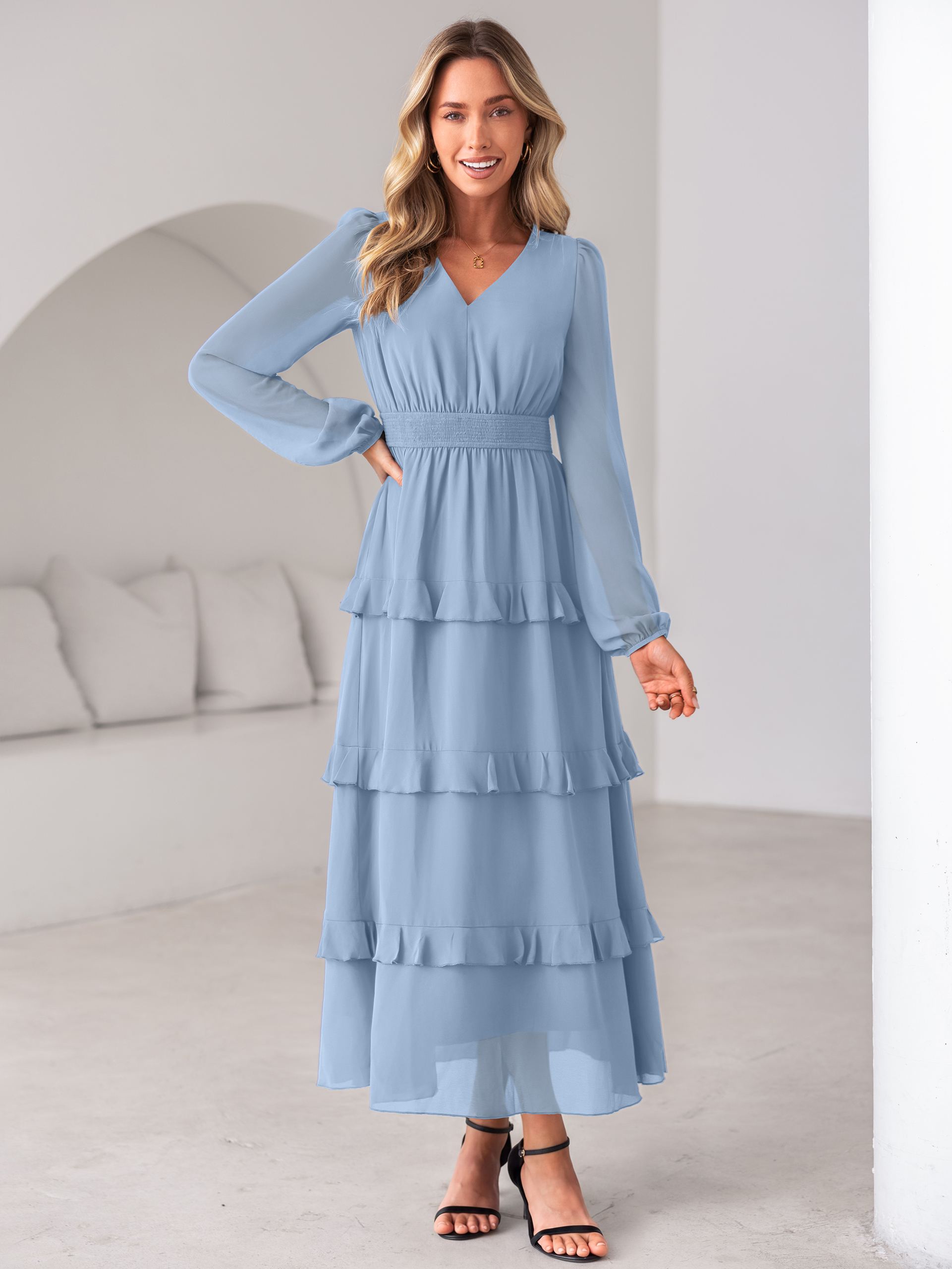 V-Neck Smocked Waist Tiered Ruffle Chiffon Maxi Dress