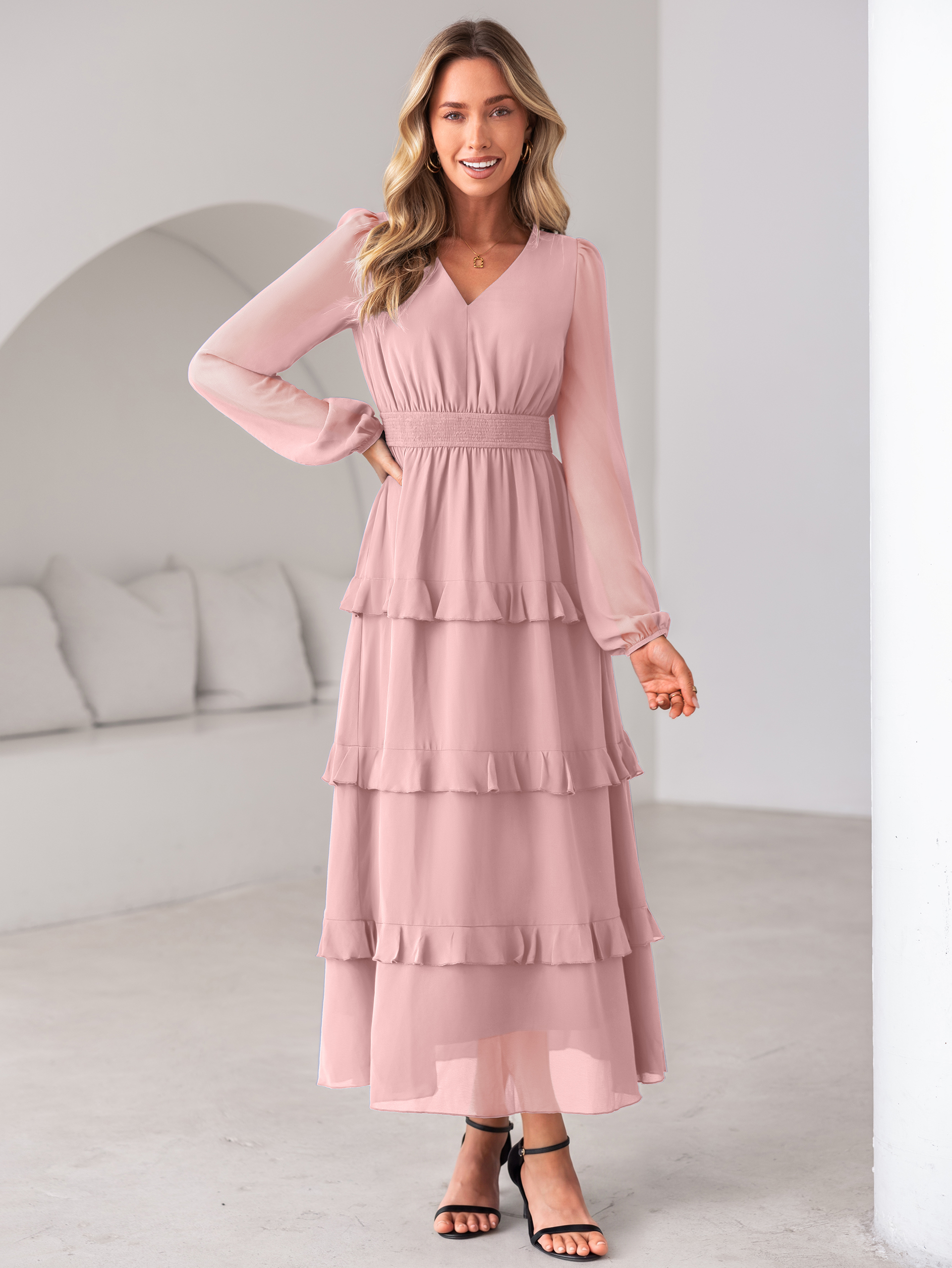V-Neck Smocked Waist Tiered Ruffle Chiffon Maxi Dress