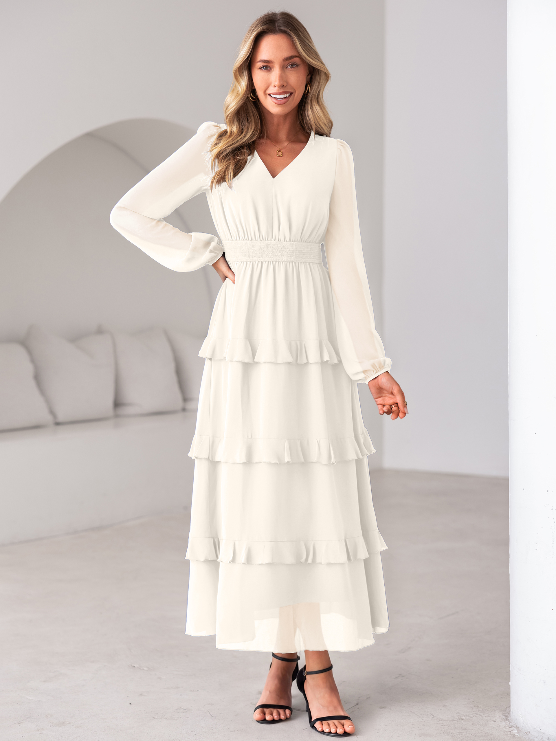 V-Neck Smocked Waist Tiered Ruffle Chiffon Maxi Dress
