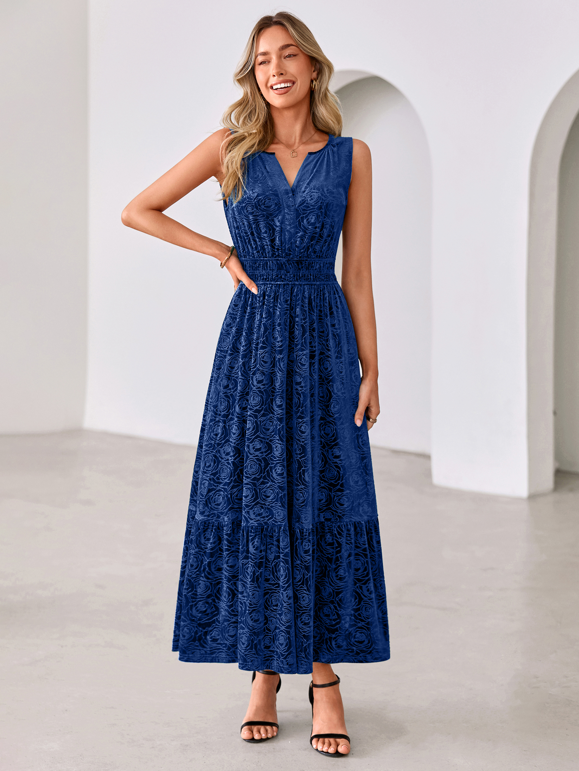 Sleeveless V-Neck Embossed Floral Velvet Maxi Dress