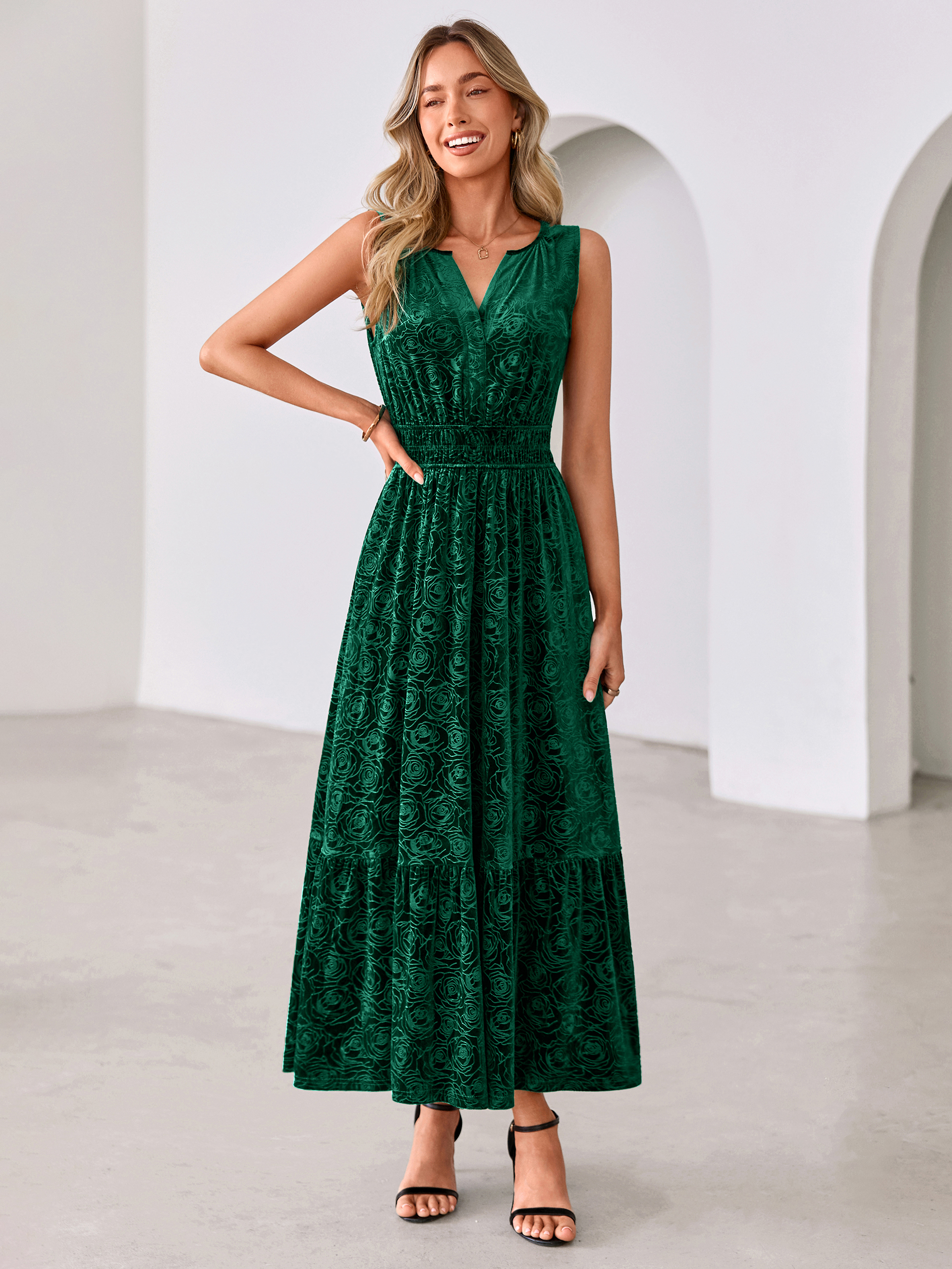 Sleeveless V-Neck Embossed Floral Velvet Maxi Dress