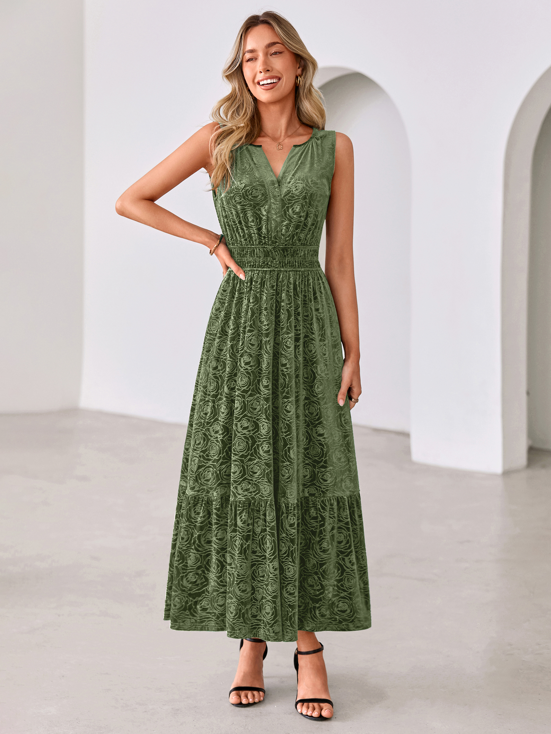 Sleeveless V-Neck Embossed Floral Velvet Maxi Dress