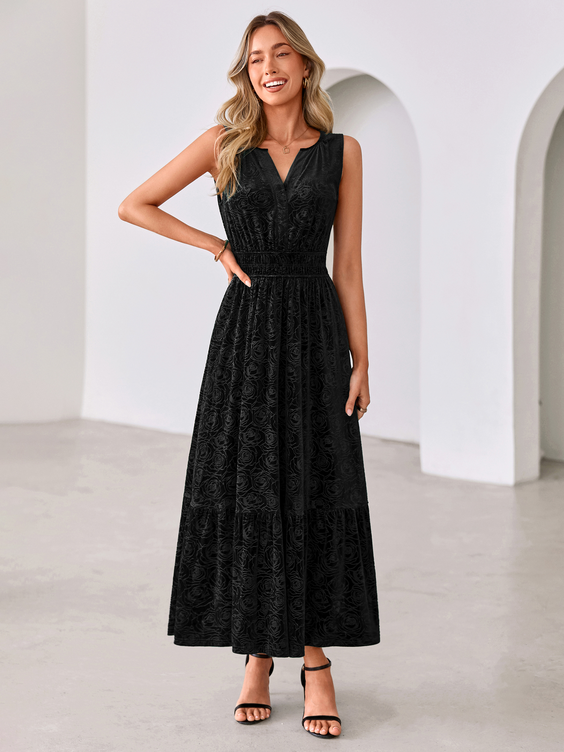 Sleeveless V-Neck Embossed Floral Velvet Maxi Dress