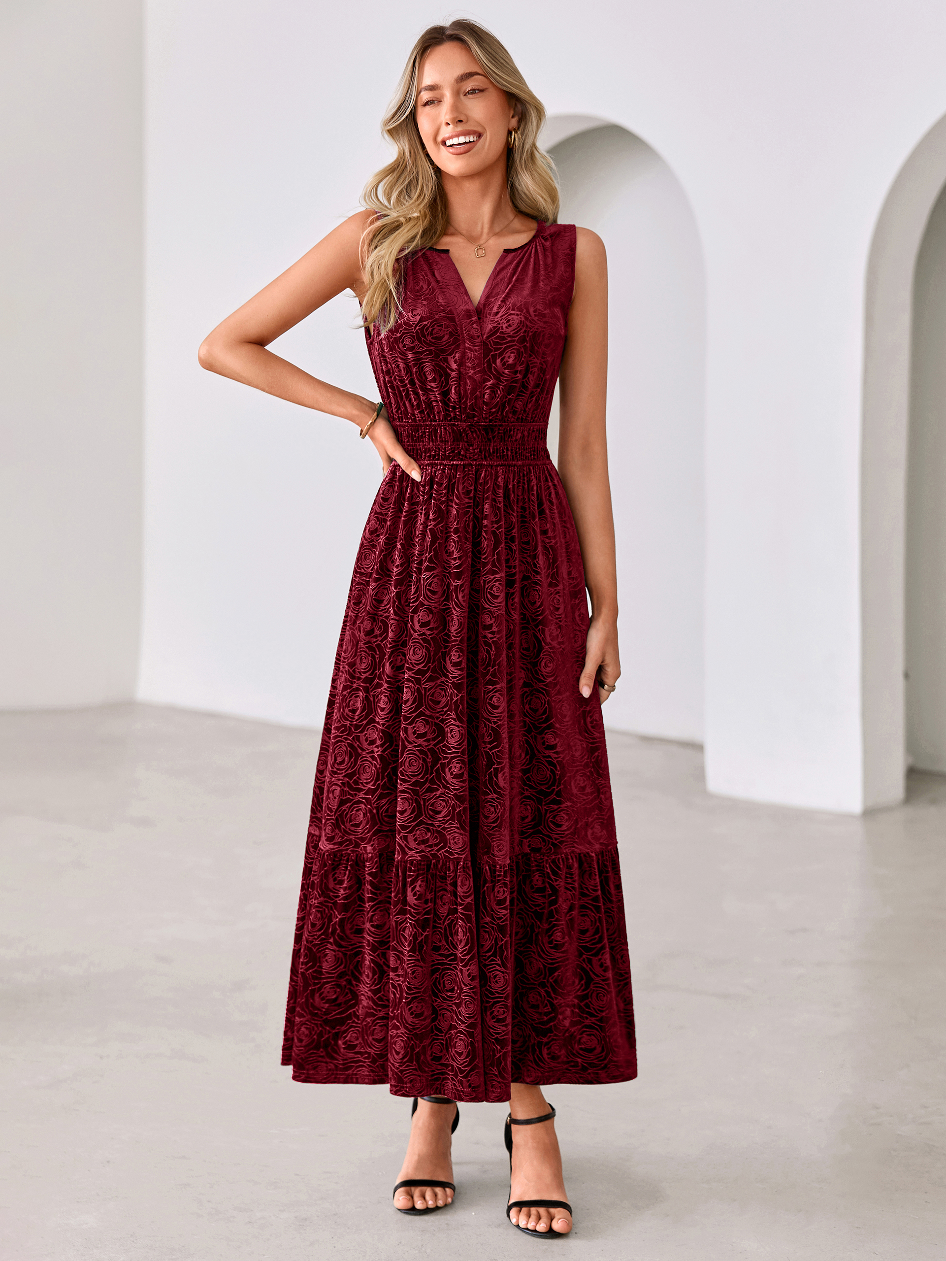 Sleeveless V-Neck Embossed Floral Velvet Maxi Dress