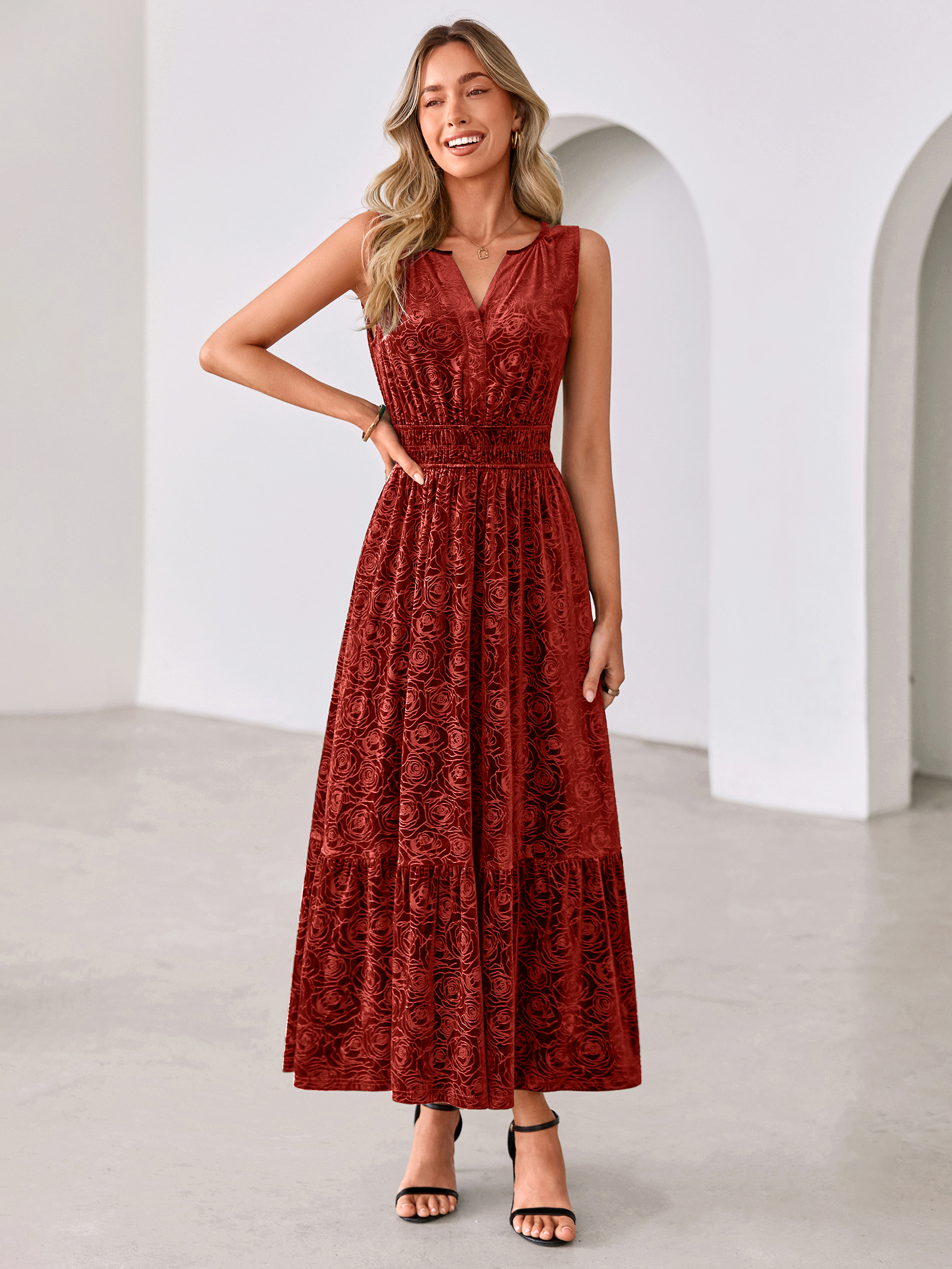 Sleeveless V-Neck Embossed Floral Velvet Maxi Dress