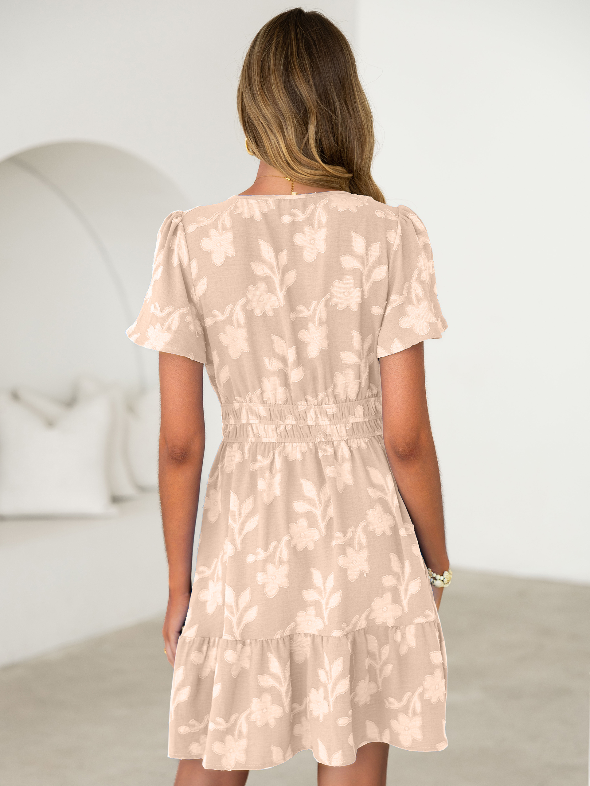 Floral Jacquard V Neck Short Sleeve Mini Dress - Apricot