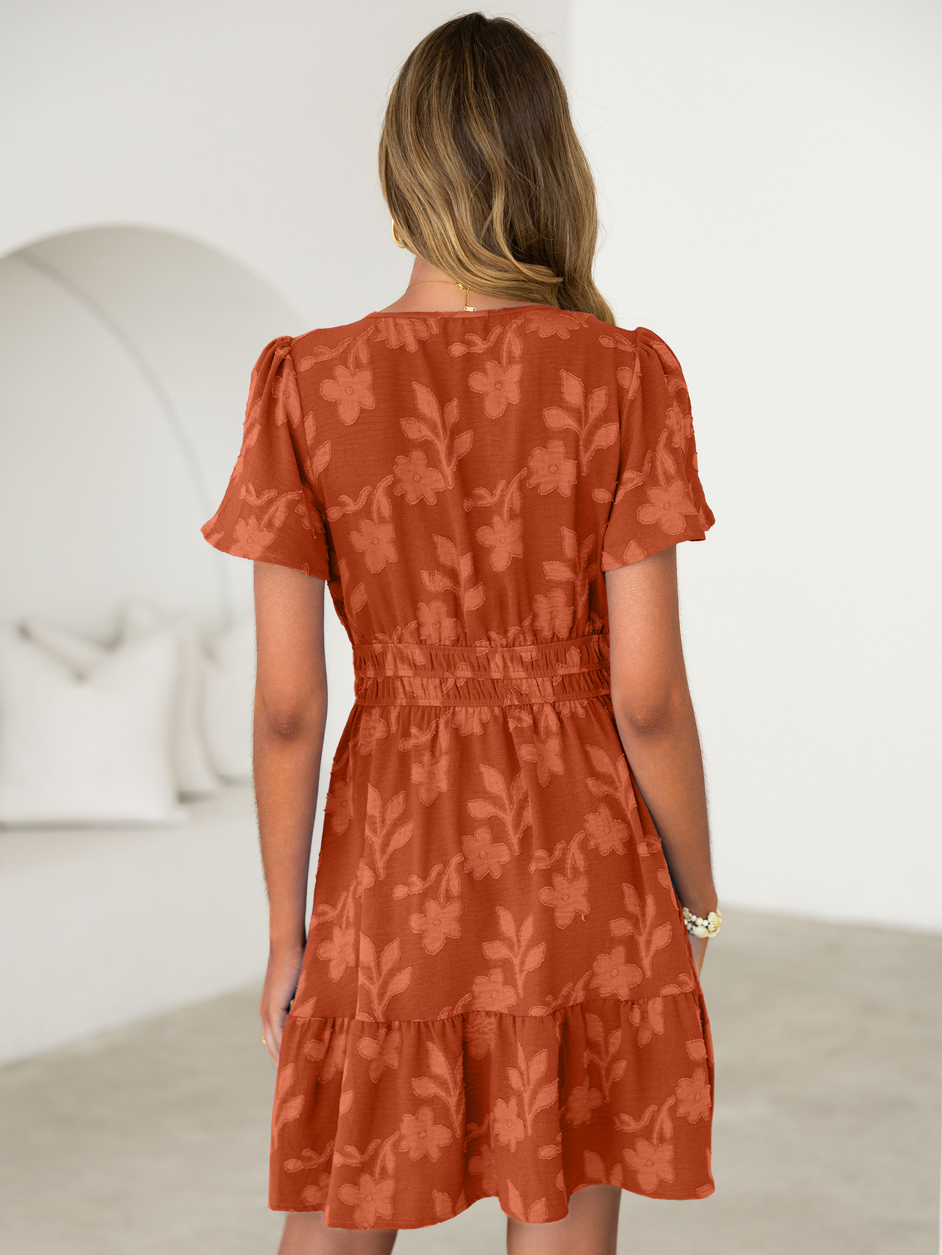 Floral Jacquard V Neck Short Sleeve Mini Dress - Orange
