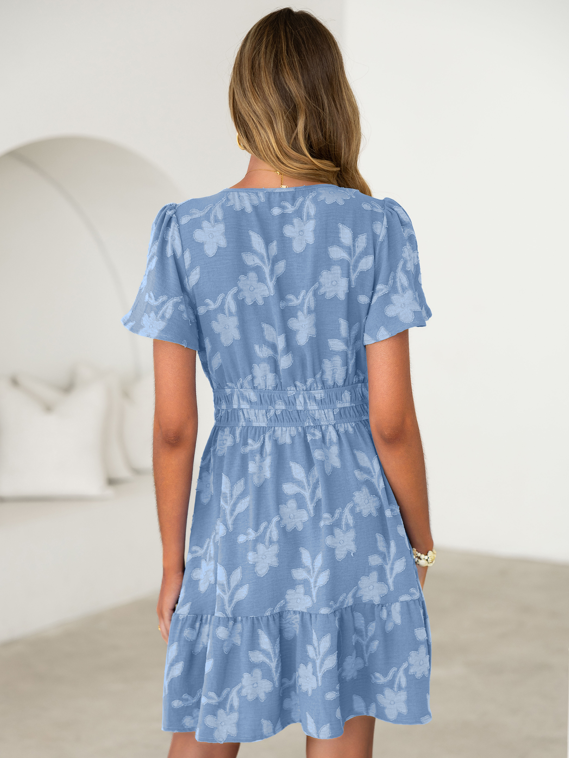 Floral Jacquard V Neck Short Sleeve Mini Dress - Dusty Blue