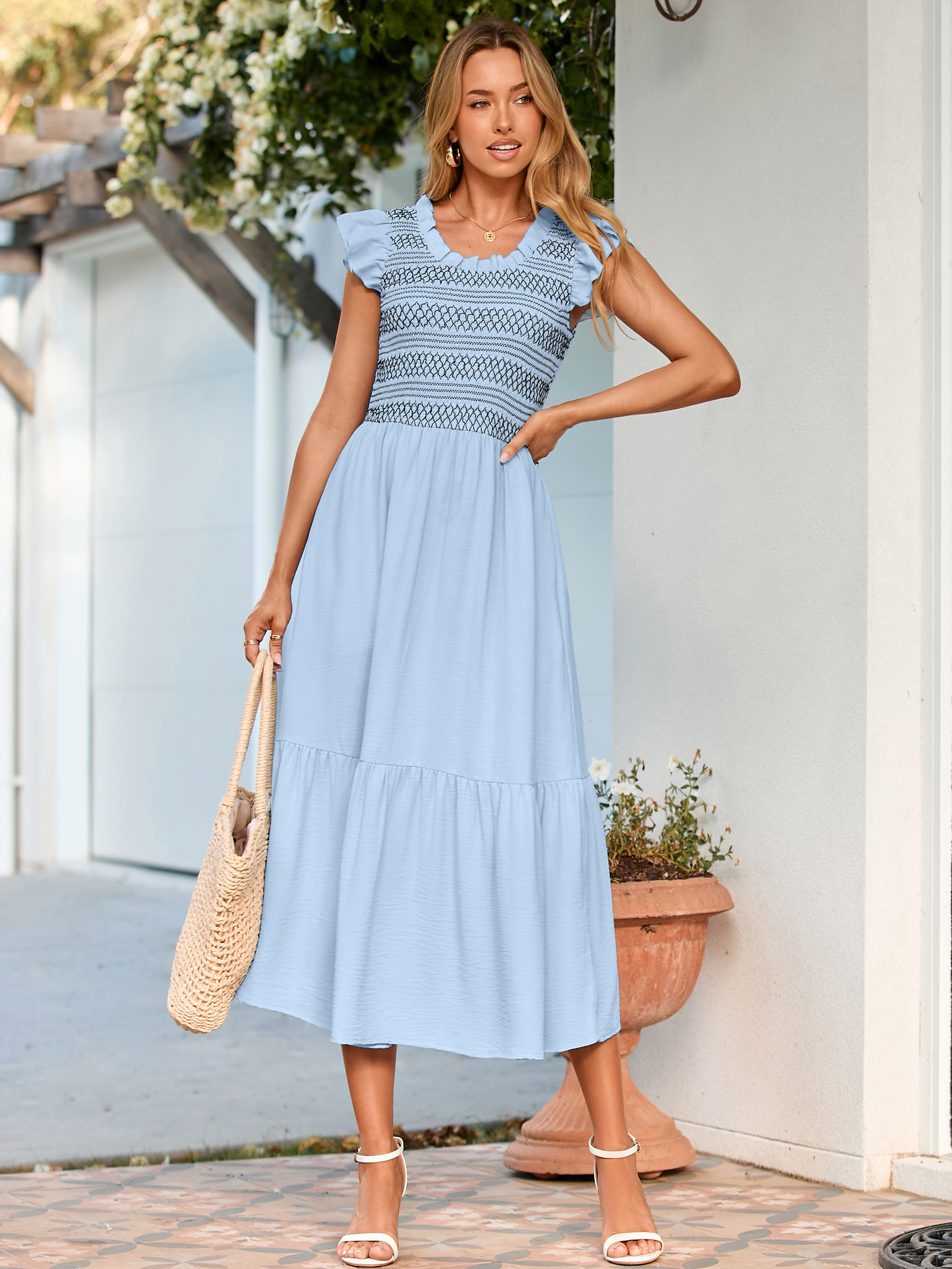 Flutter Sleeve Embroidered A Line Tiered Maxi Dress