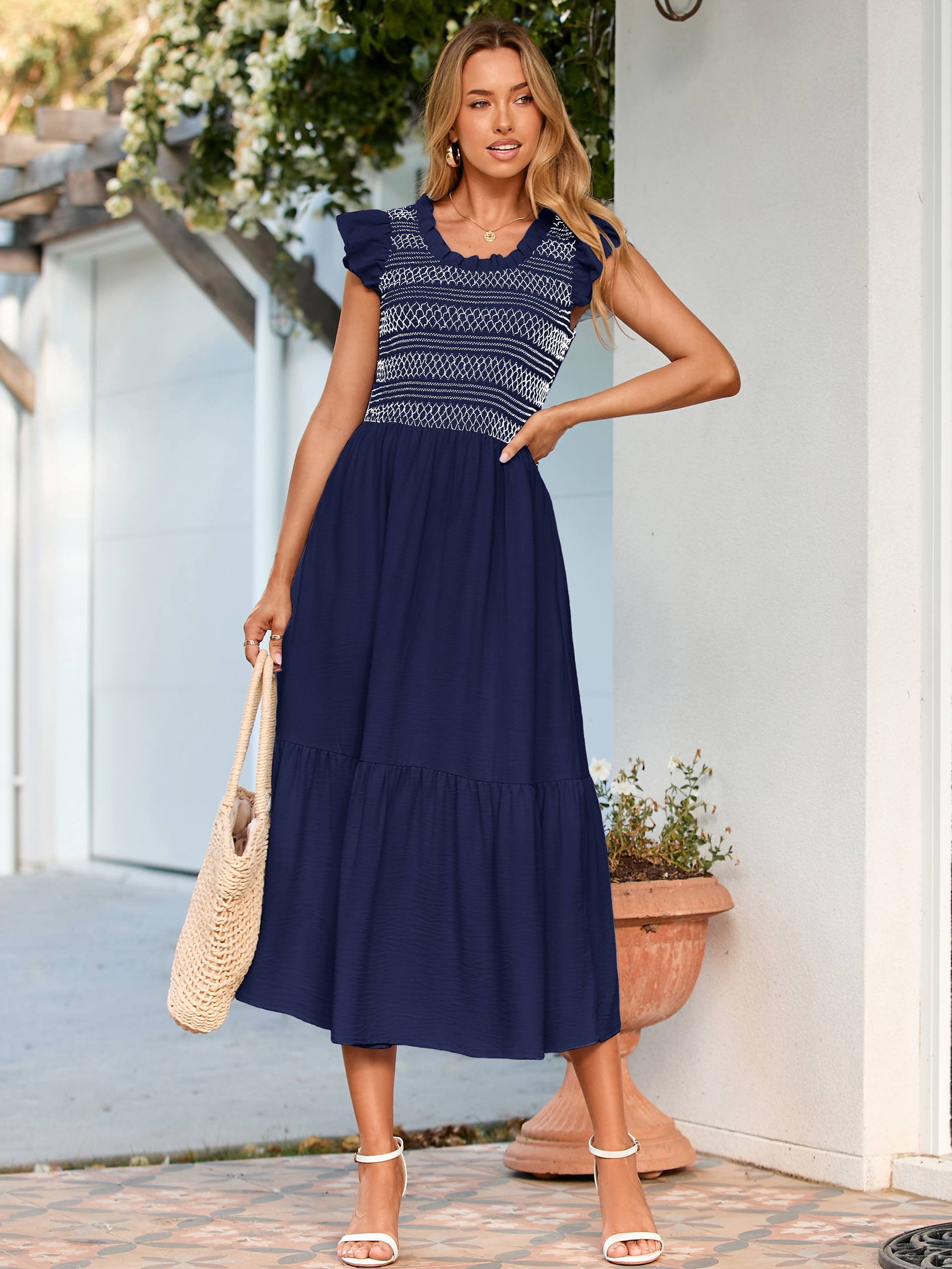 Flutter Sleeve Embroidered A Line Tiered Maxi Dress