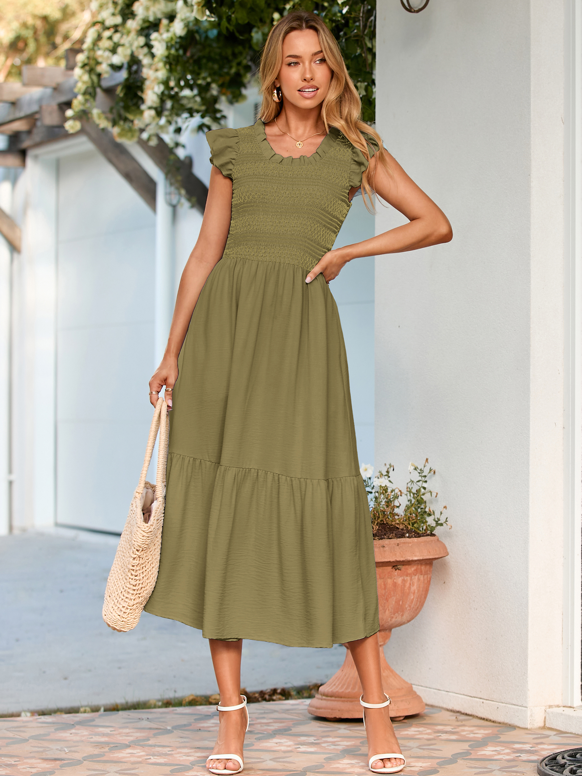 Flutter Sleeve Embroidered A Line Tiered Maxi Dress