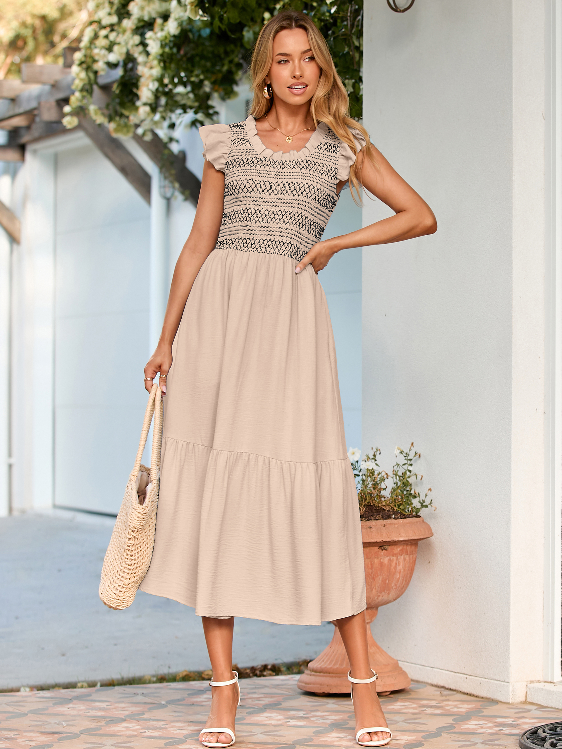 Flutter Sleeve Embroidered A Line Tiered Maxi Dress