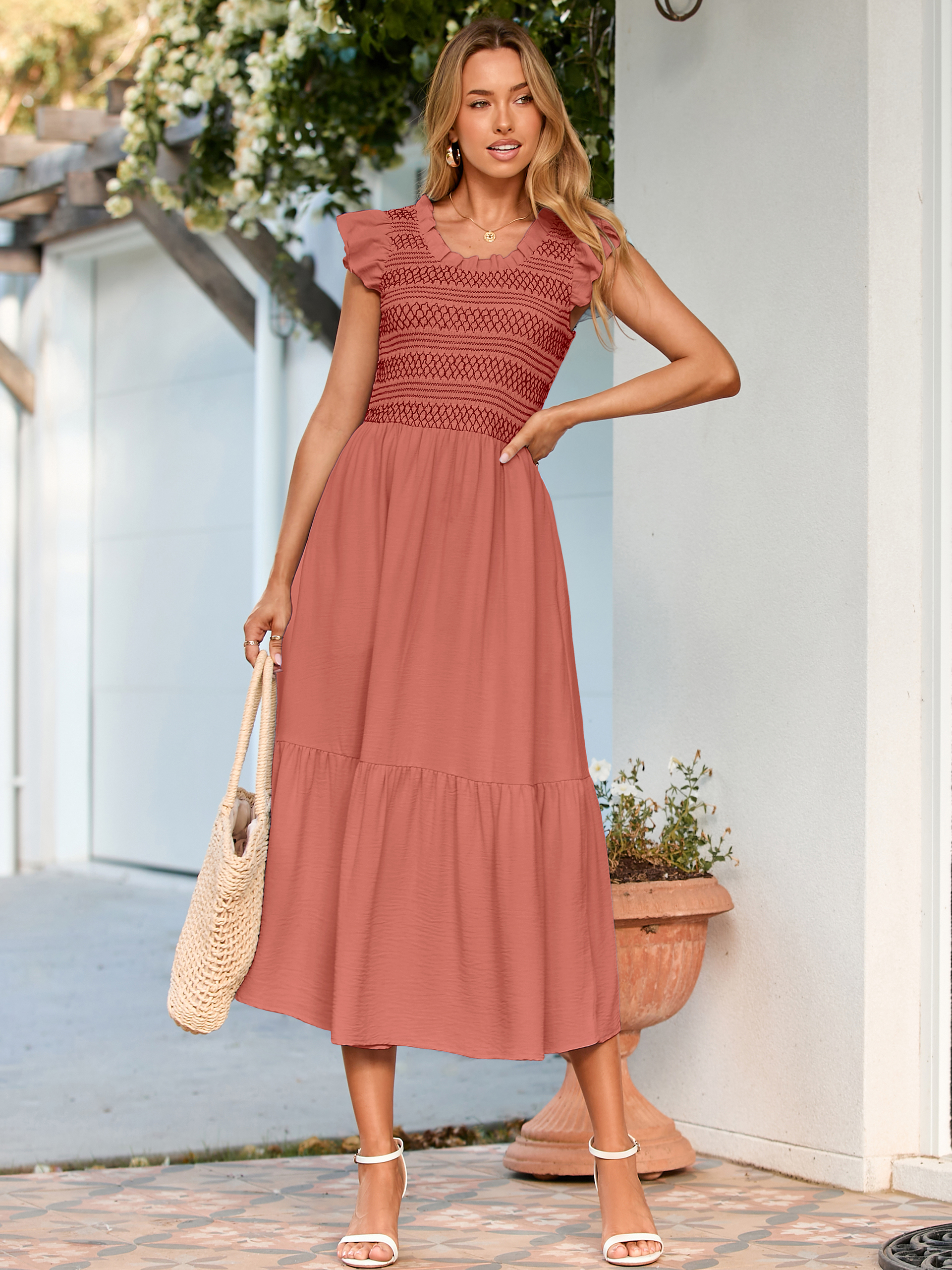 Flutter Sleeve Embroidered A Line Tiered Maxi Dress