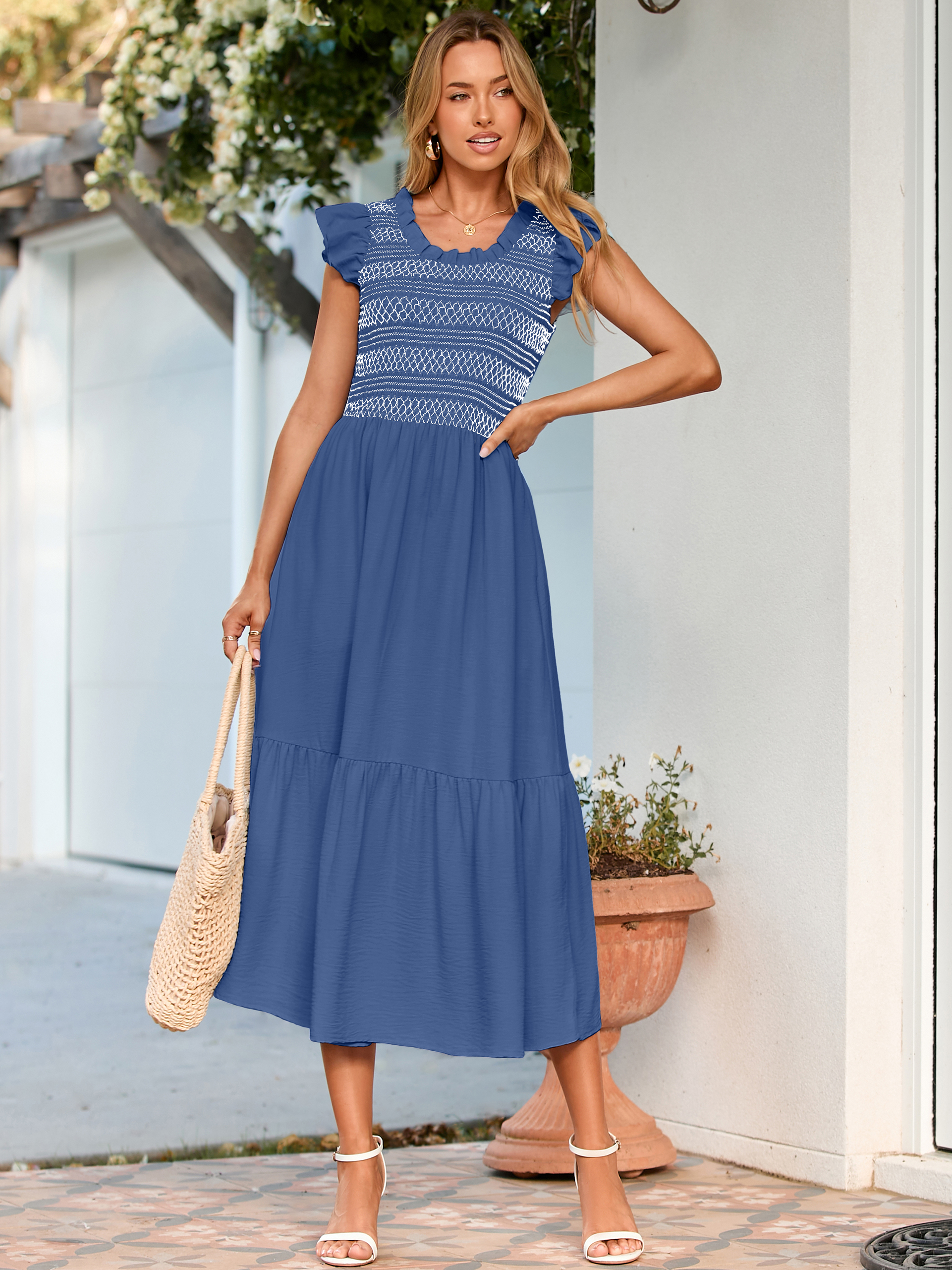 Flutter Sleeve Embroidered A Line Tiered Maxi Dress