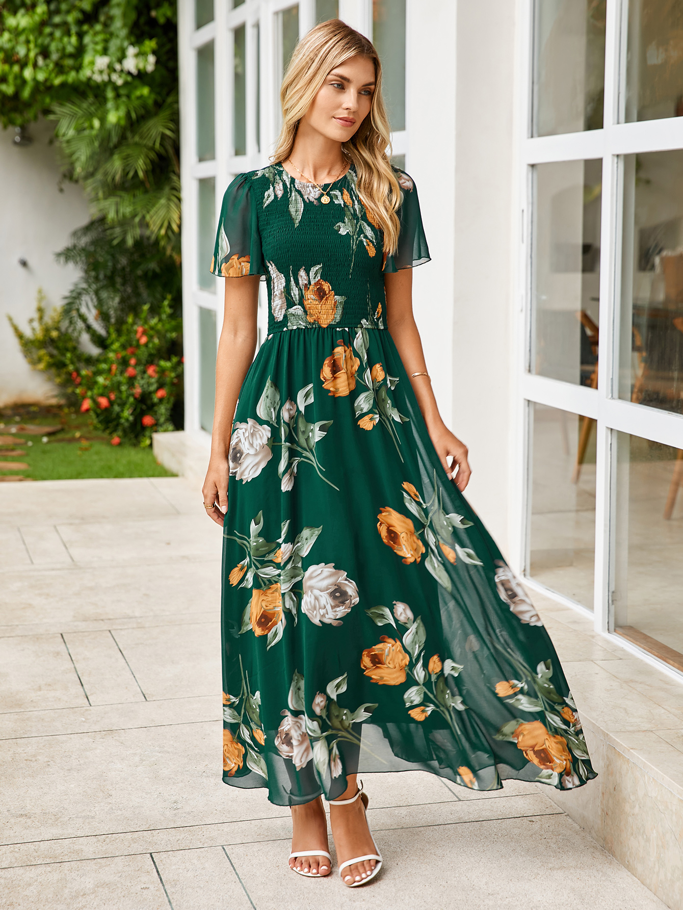 Chiffon Flutter Sleeve Smocked Floral Maxi Dress