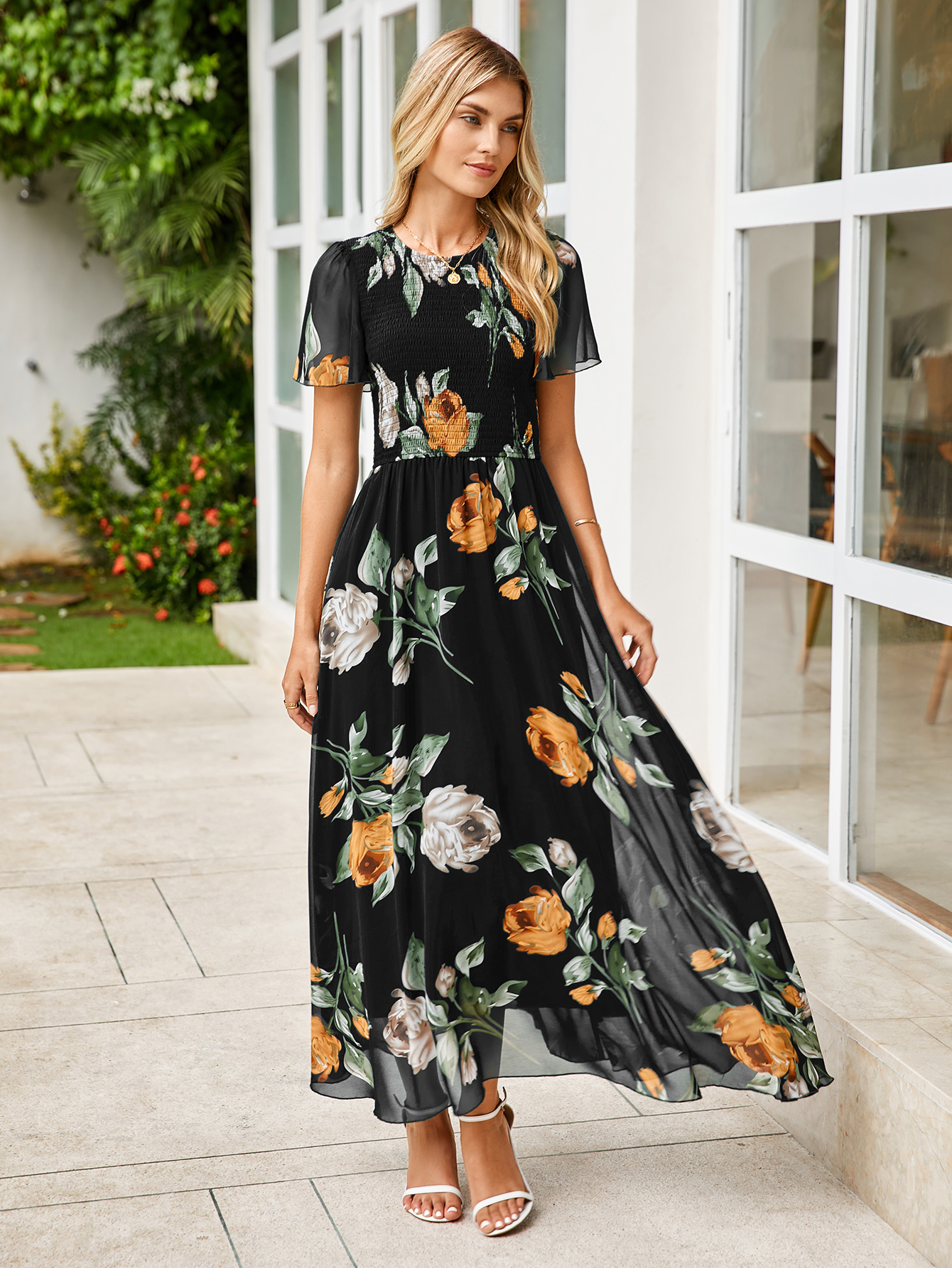 Chiffon Flutter Sleeve Smocked Floral Maxi Dress