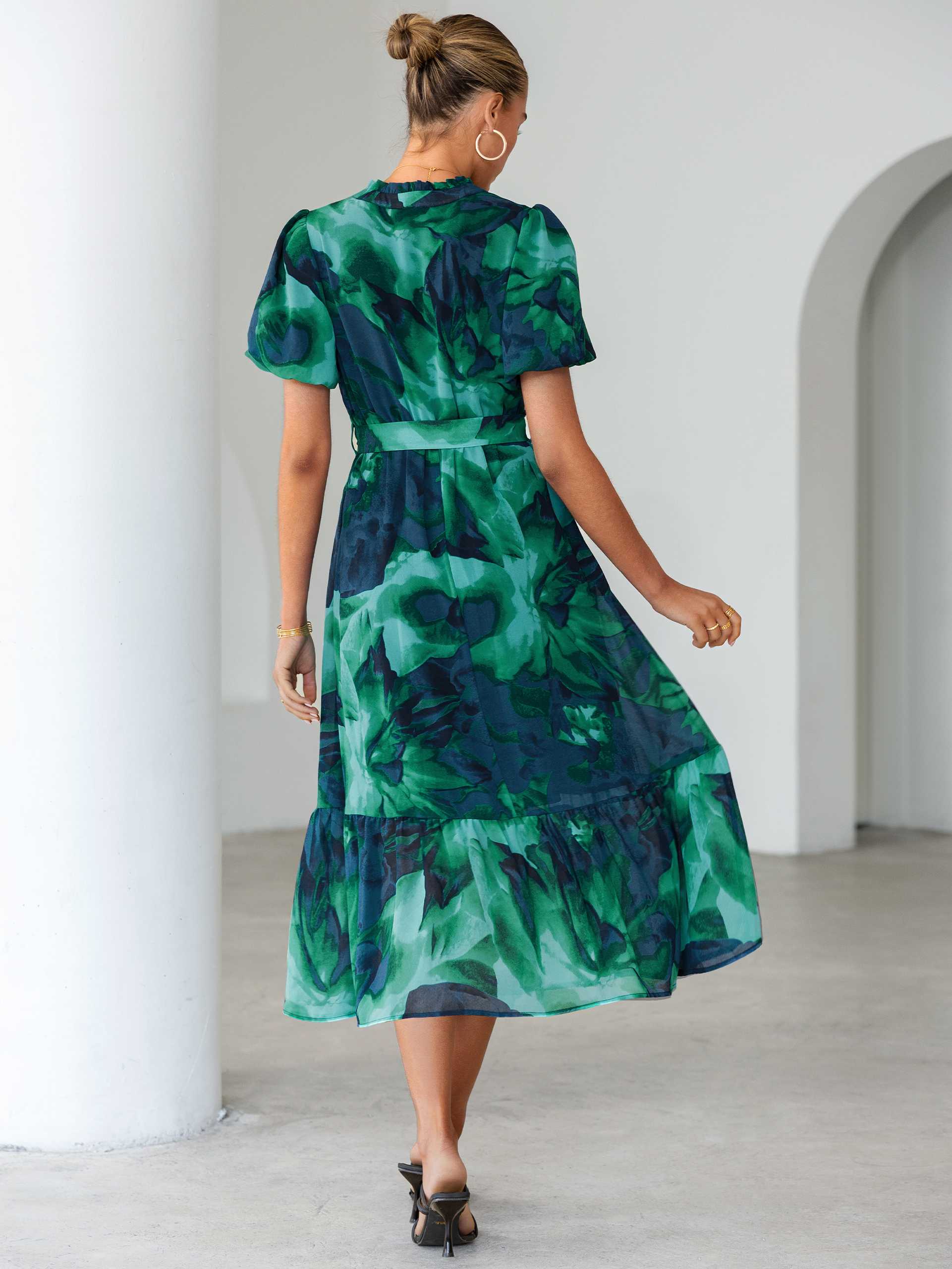 Floral V Neck Belted Tiered Maxi Dress