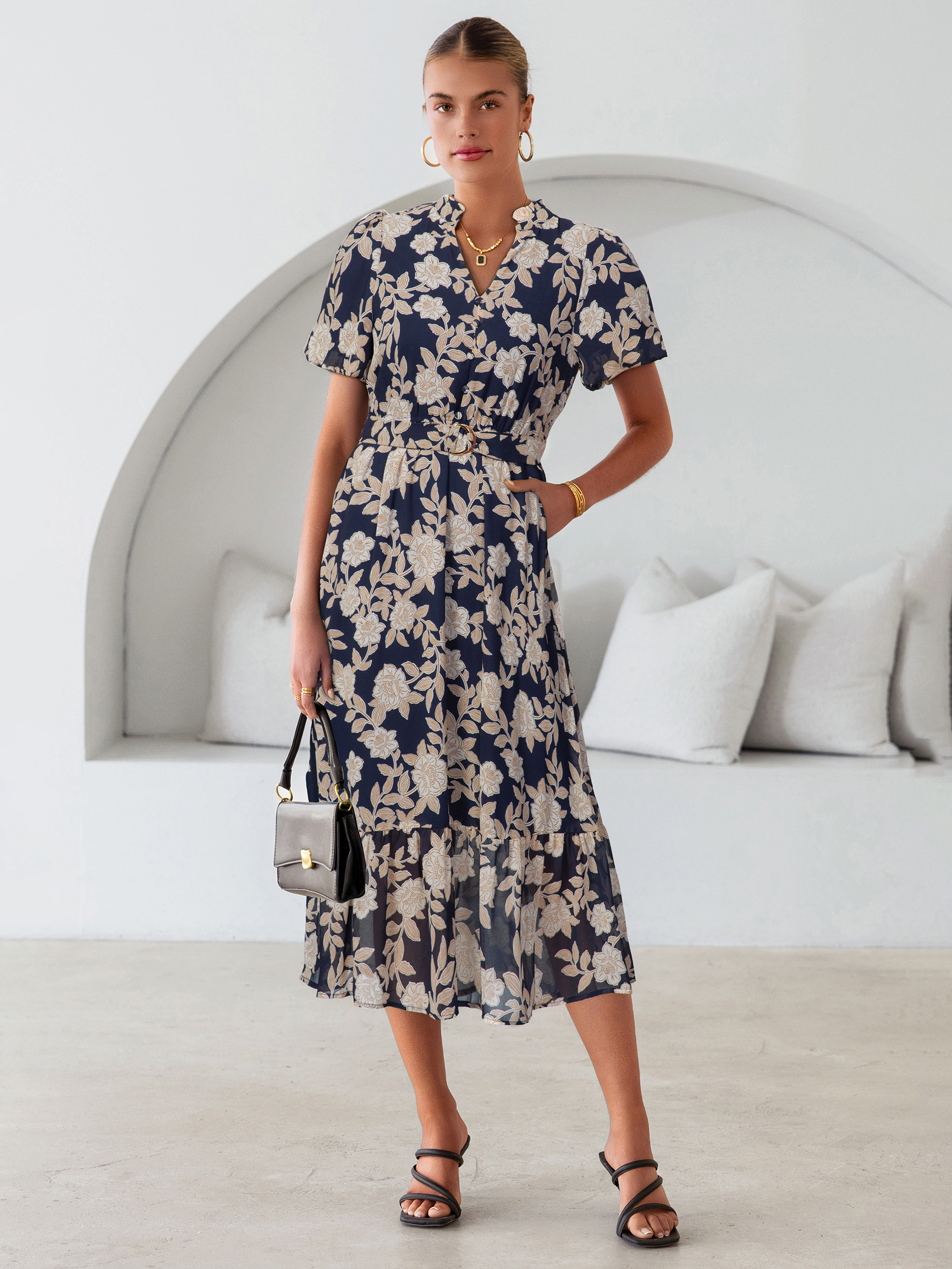 Floral V Neck Belted Tiered Maxi Dress
