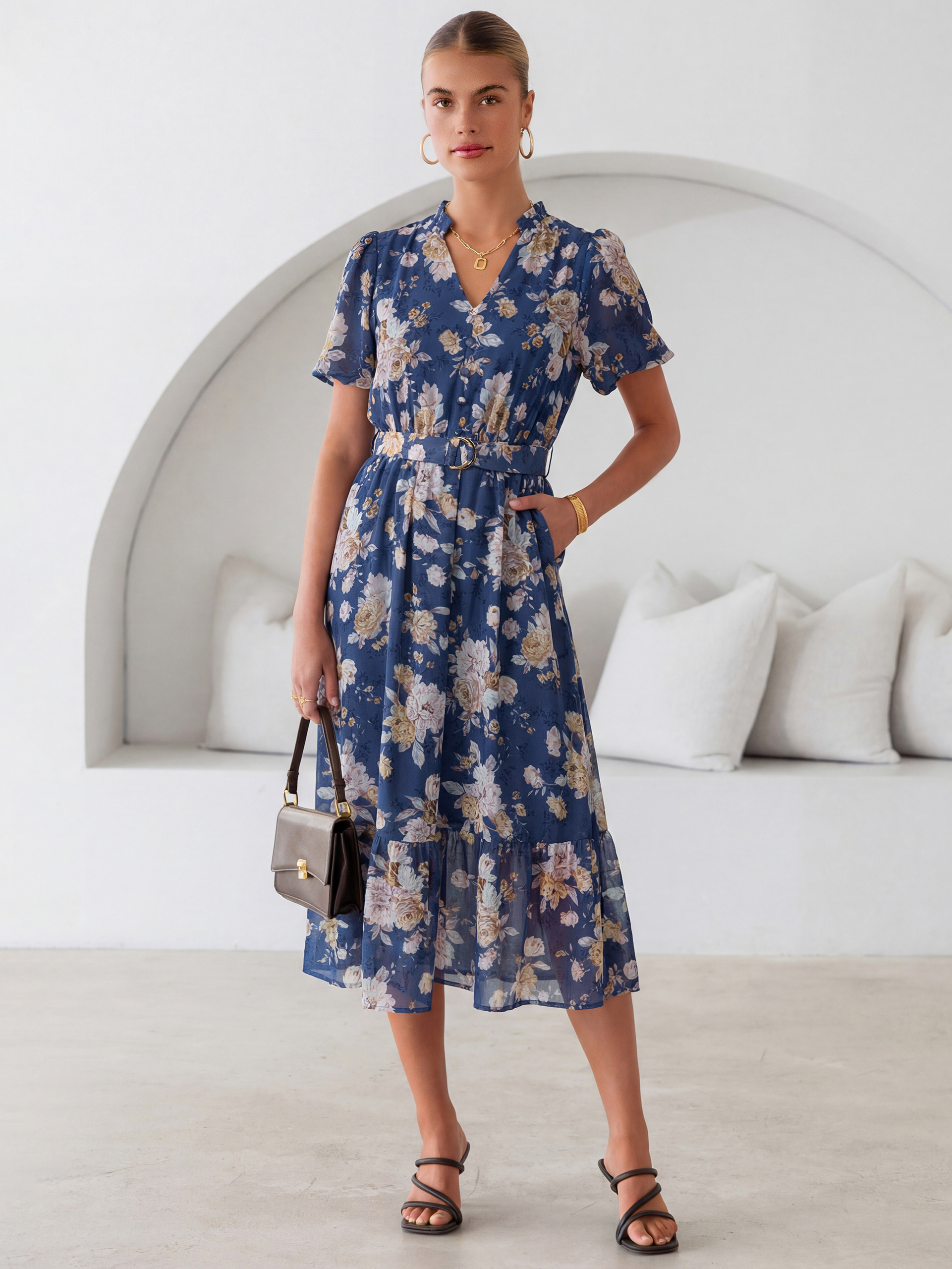 Floral V Neck Belted Tiered Maxi Dress