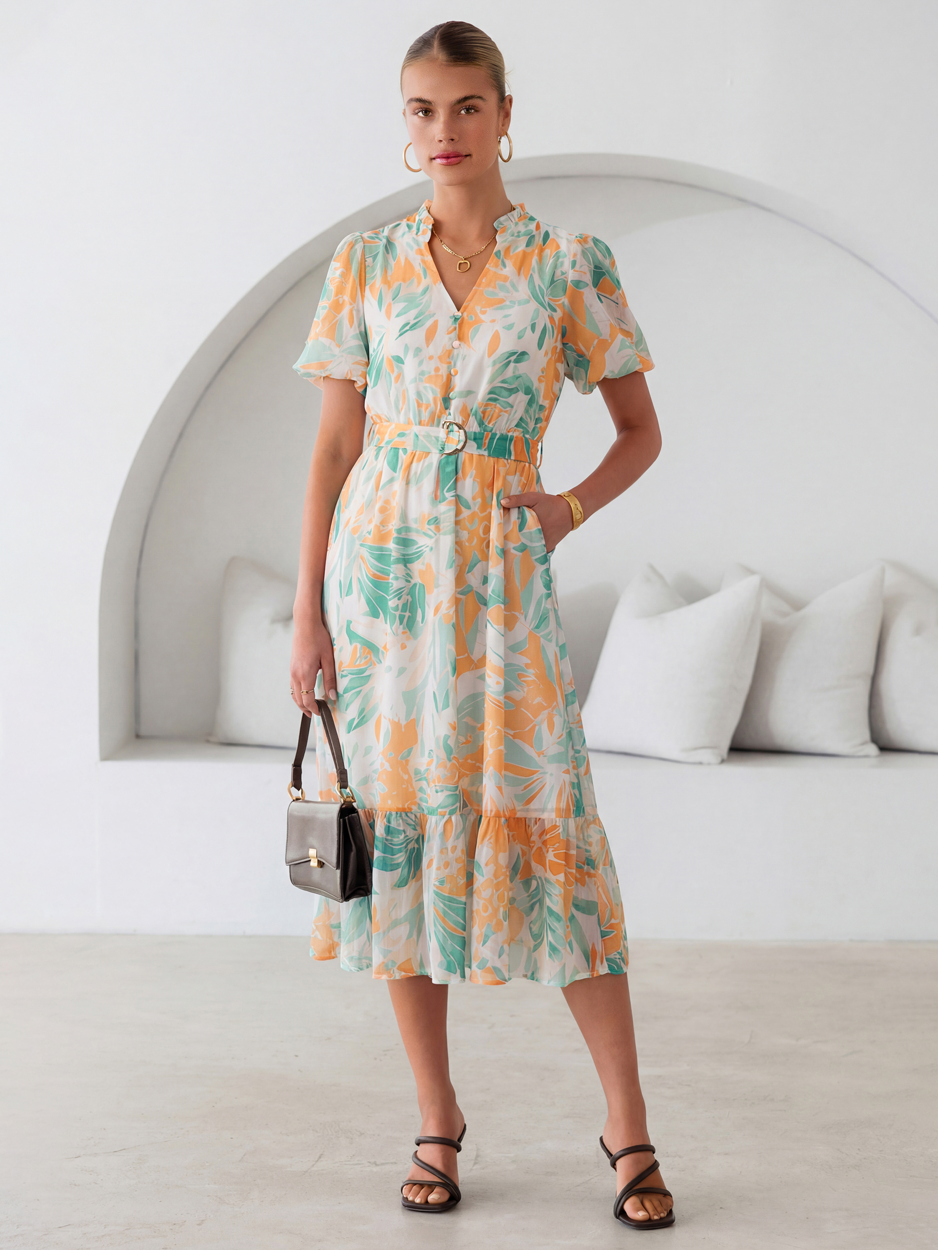 Floral V Neck Belted Tiered Maxi Dress