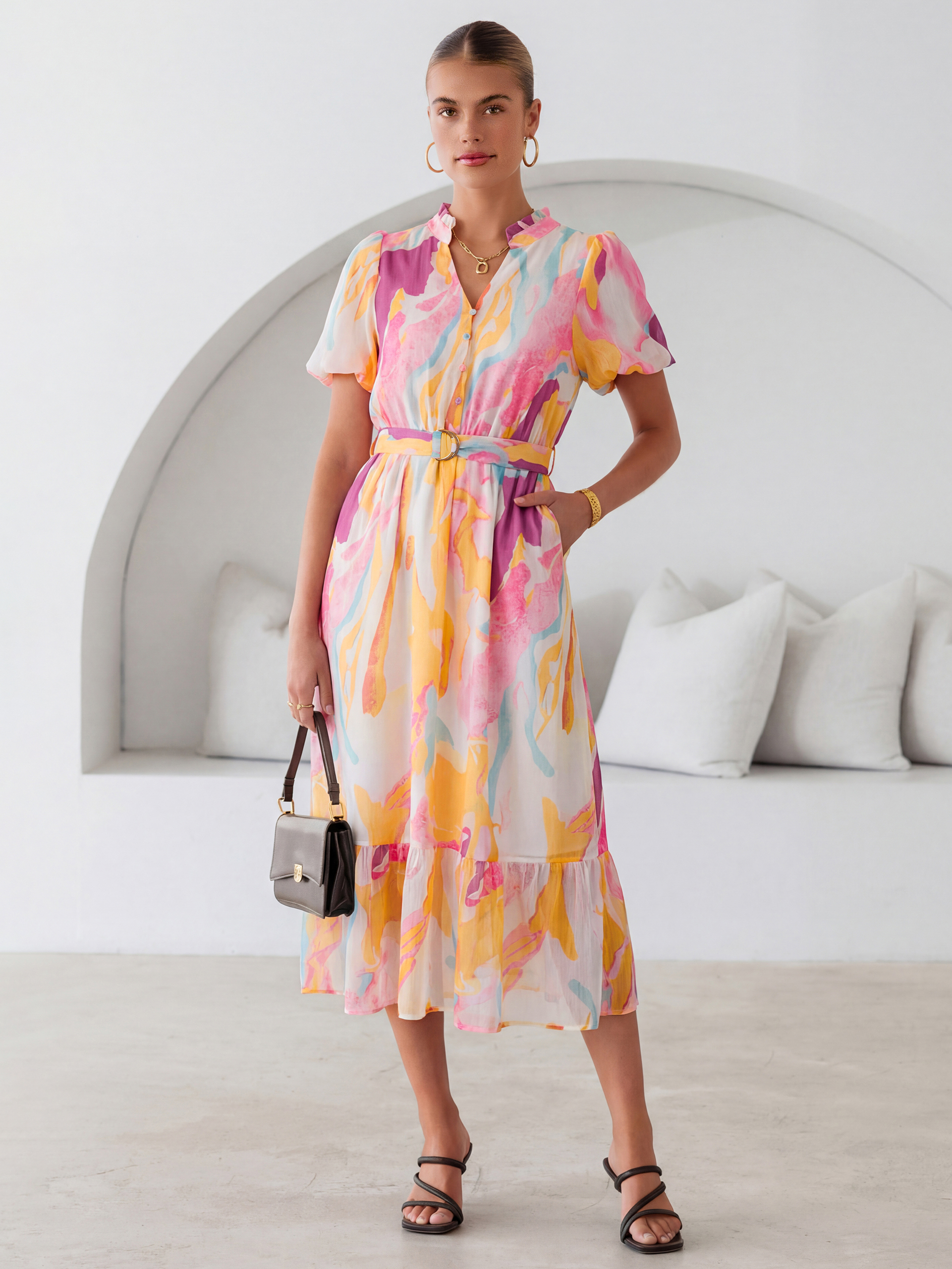 Floral V Neck Belted Tiered Maxi Dress