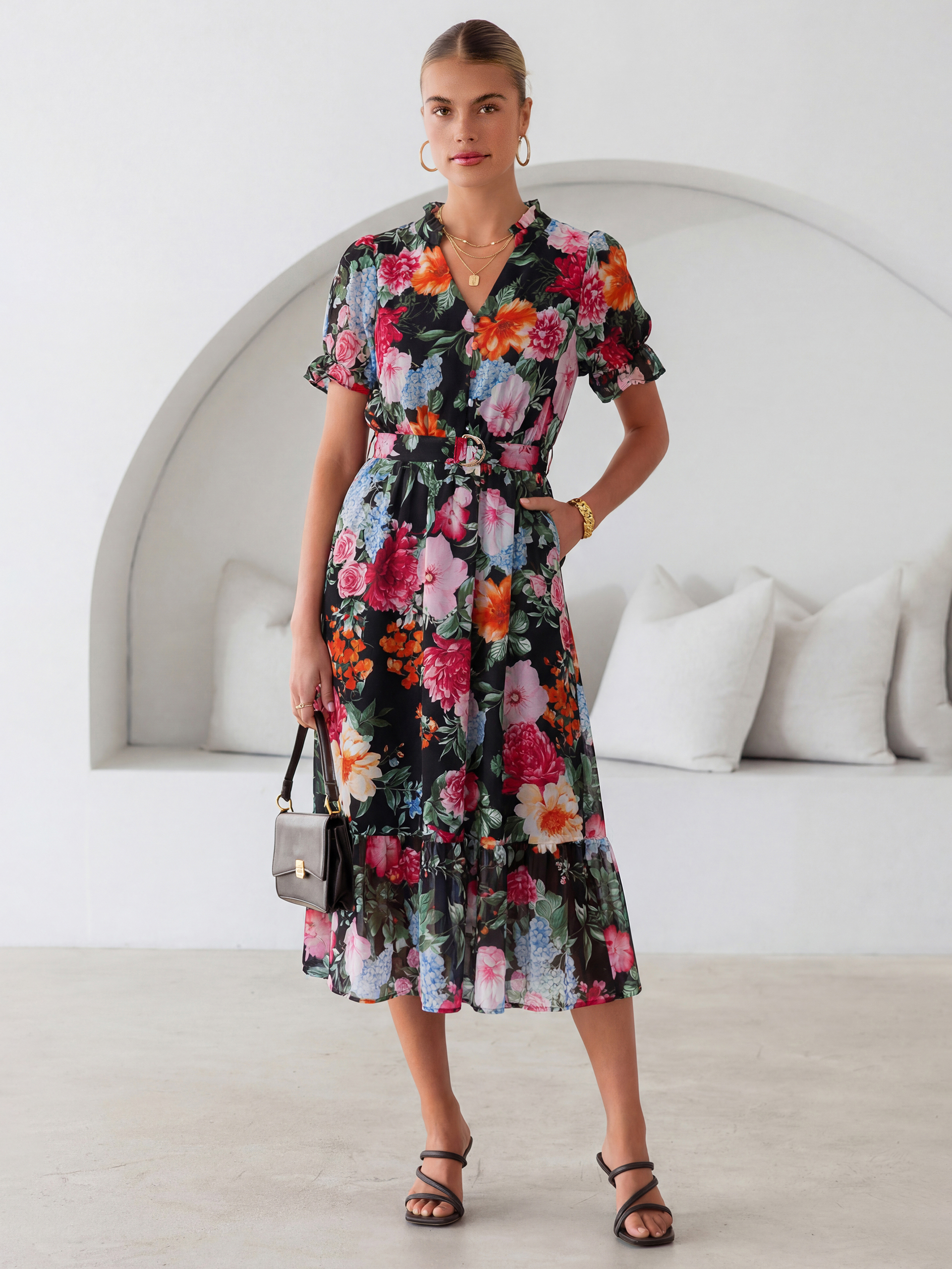 Floral V Neck Belted Tiered Maxi Dress