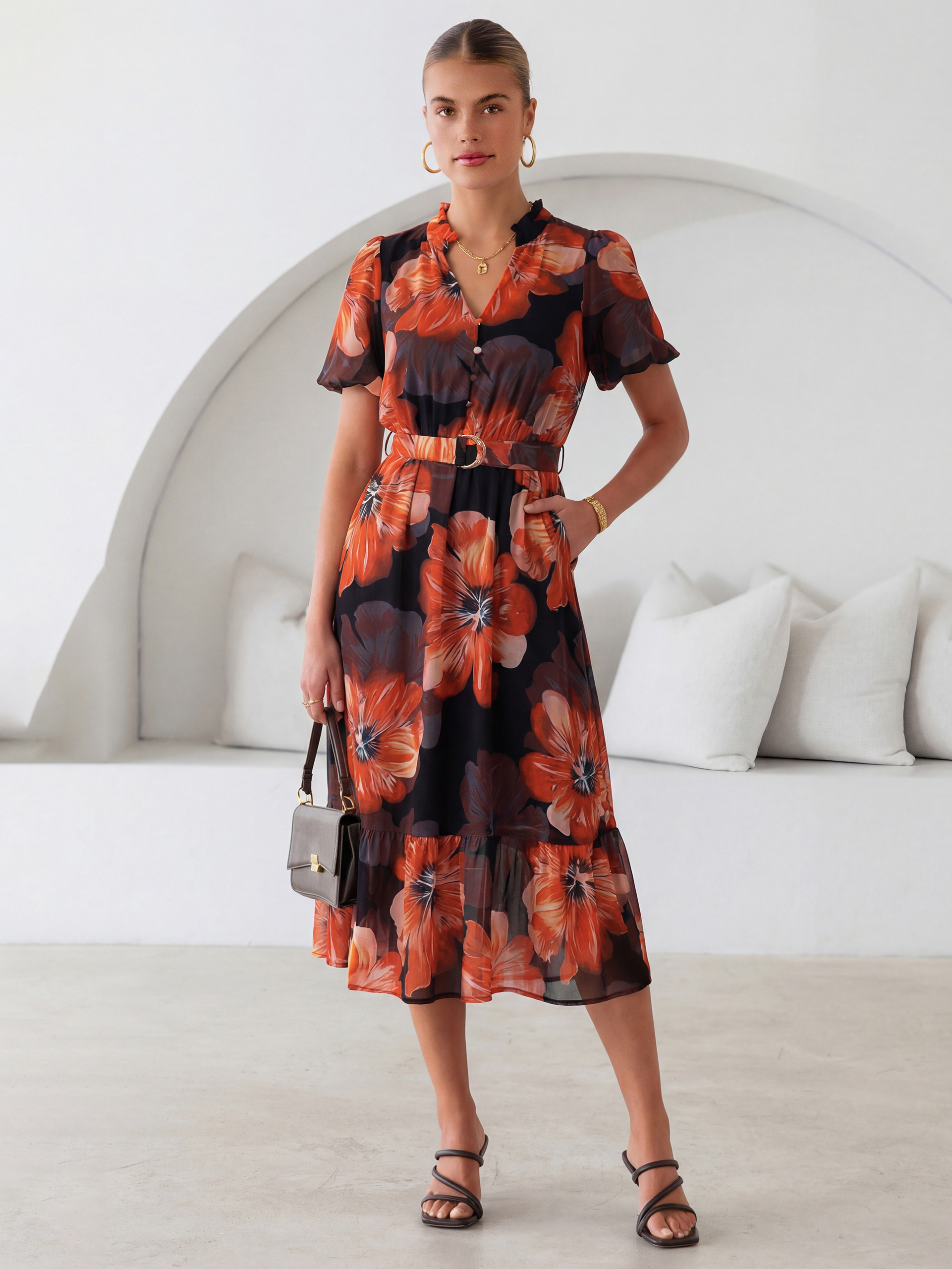 Floral V Neck Belted Tiered Maxi Dress